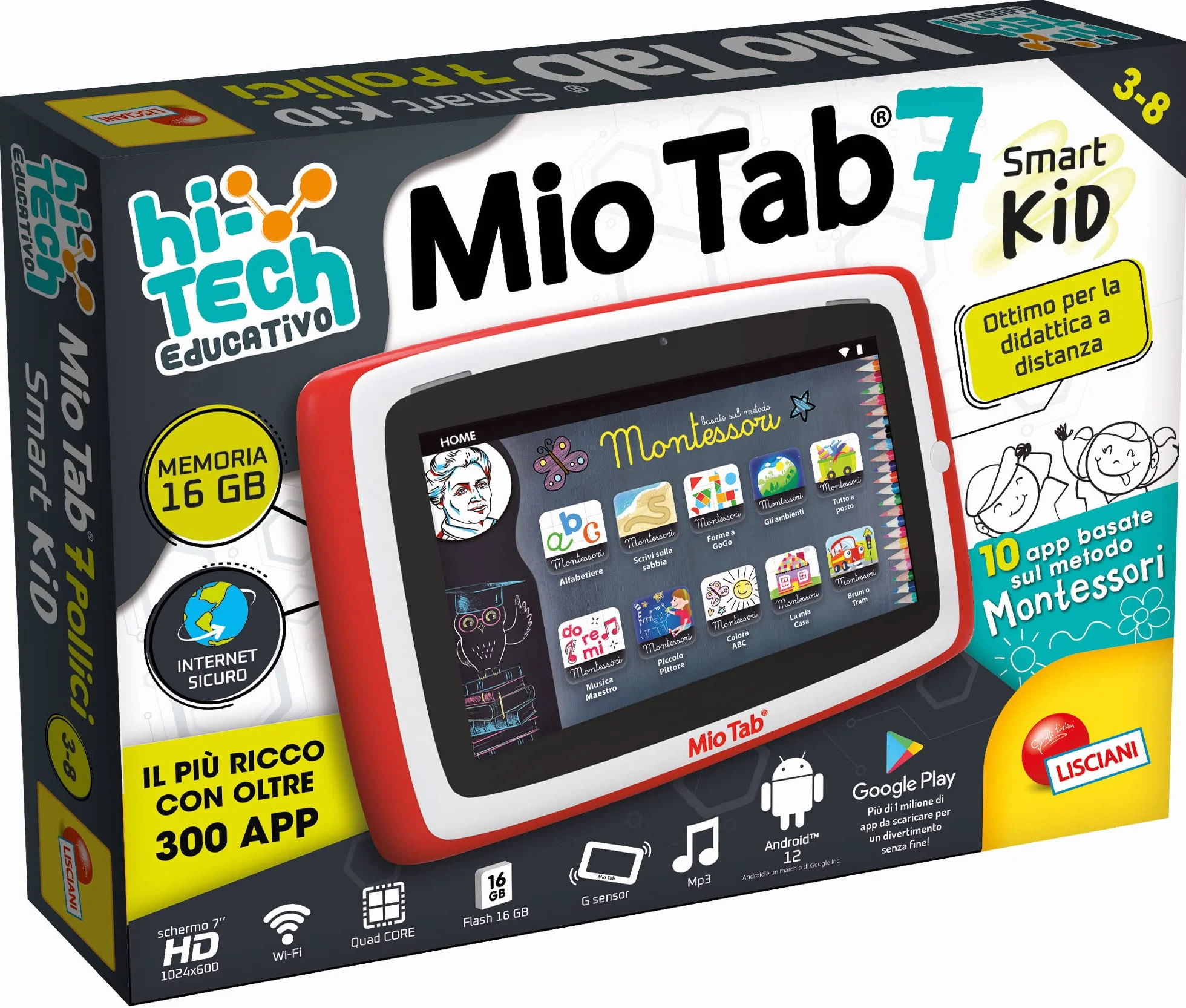 LISCIANI-Mio Tab 7 cali Smart Kid 2022, dzieci w wieku 6-12 lat, pamięć 16 GB, autonomia, zdolności sensoryczne, koordynacja ręka-oko, wielokolorowa, 97012