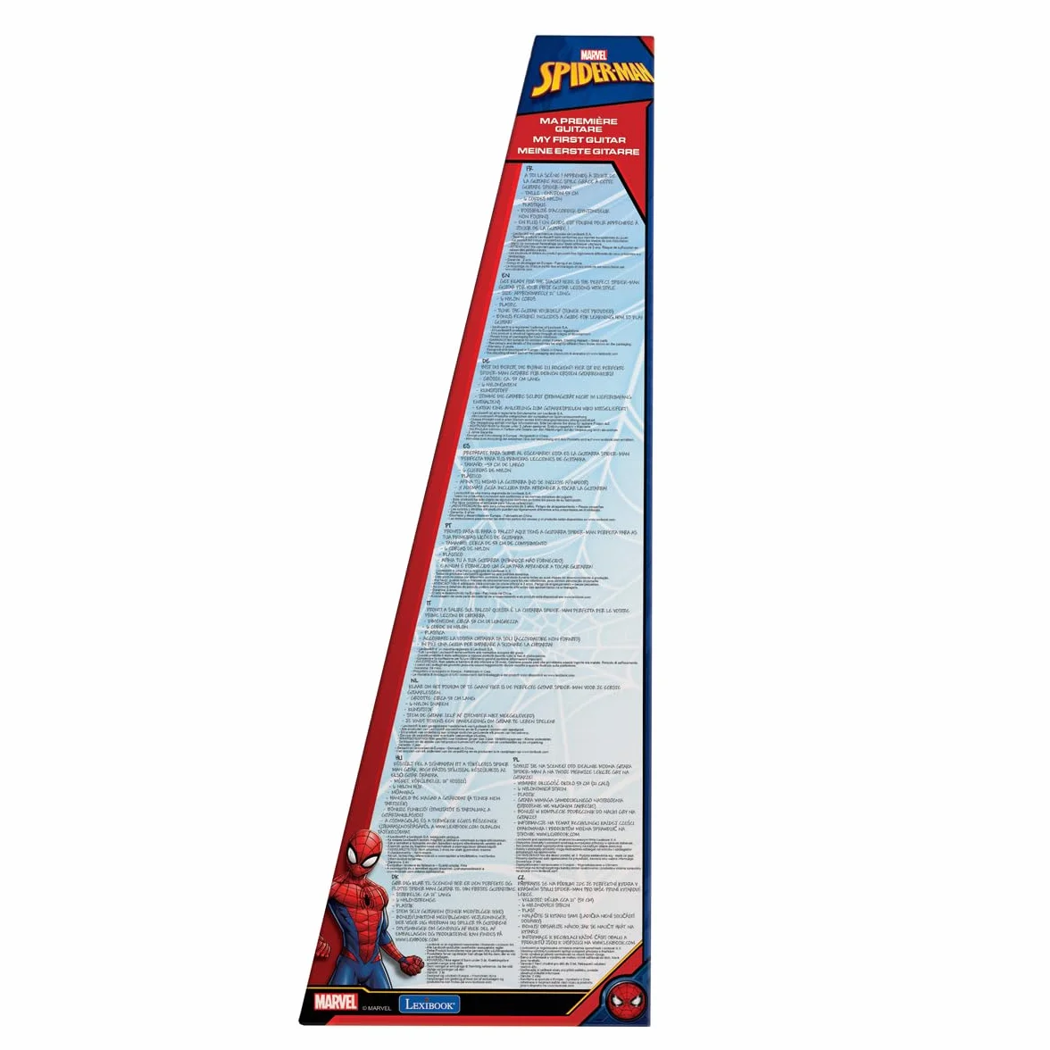 LEXIBOOK K200SP Marvel Spider-Man Peter Parker My First Guitar, 6 strun nylonowych, 53 cm, przewodnik edukacyjny w zestawie, niebieski/czerwony