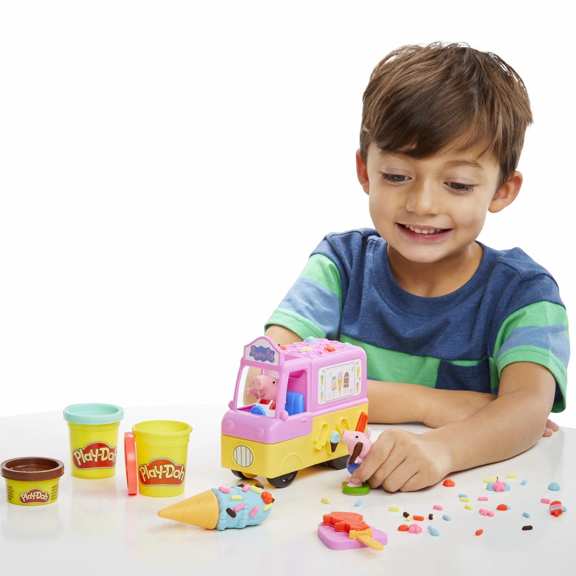 Play-Doh Zestaw do zabawy z lodami, Świnką Peppą i ciastoliną Play-Doh, furgonetka z lodami, figurki Peppy i George'a oraz 5 pojemników z ciastoliną
