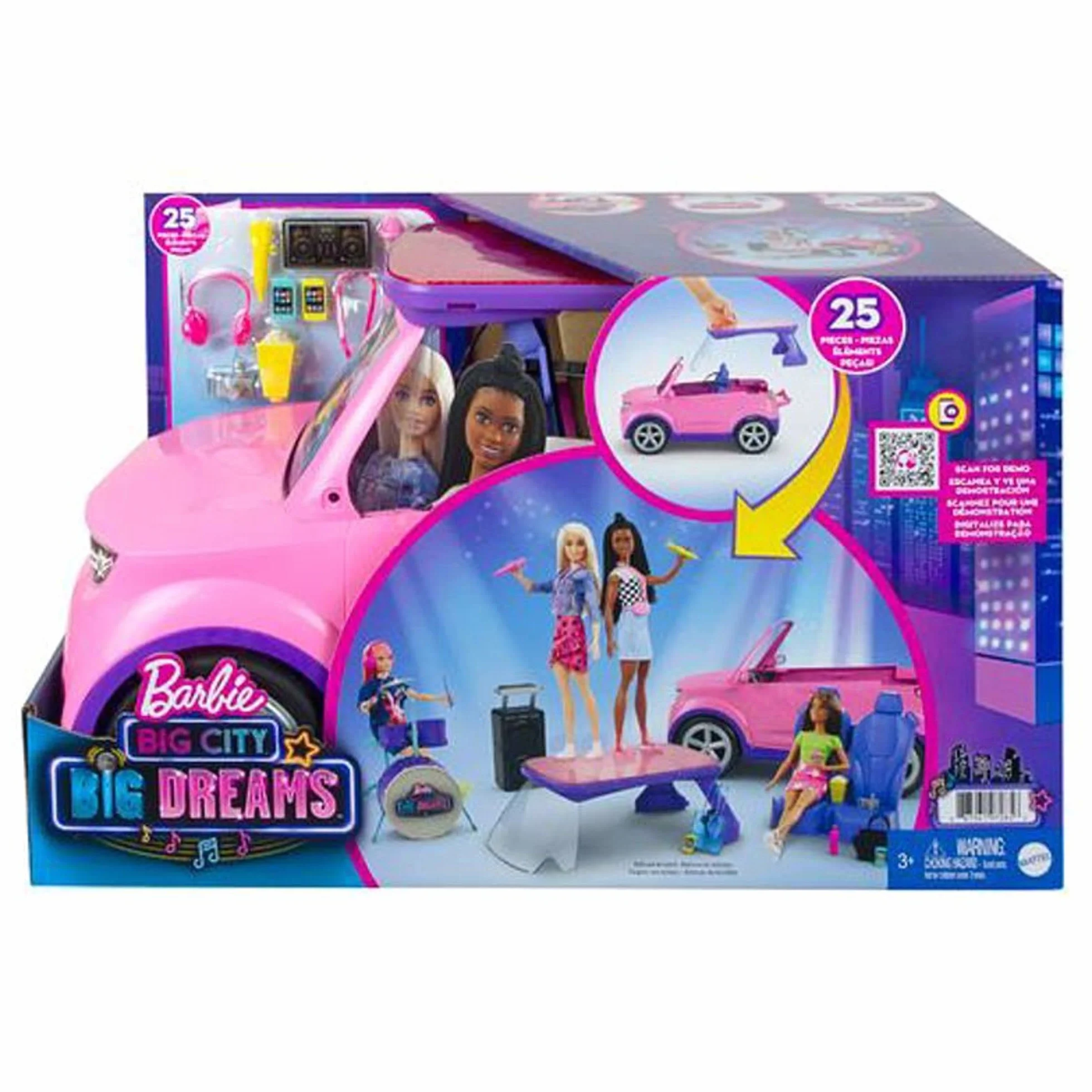 Barbie: Big City Big Dreams Zestaw do zabawy z transformacją, różowy pojazd na 2 pasażerów przekształcający się w scenę + akcesoria koncertowe, prezent dla dzieci w wieku od 3 do 7 lat, GYJ25