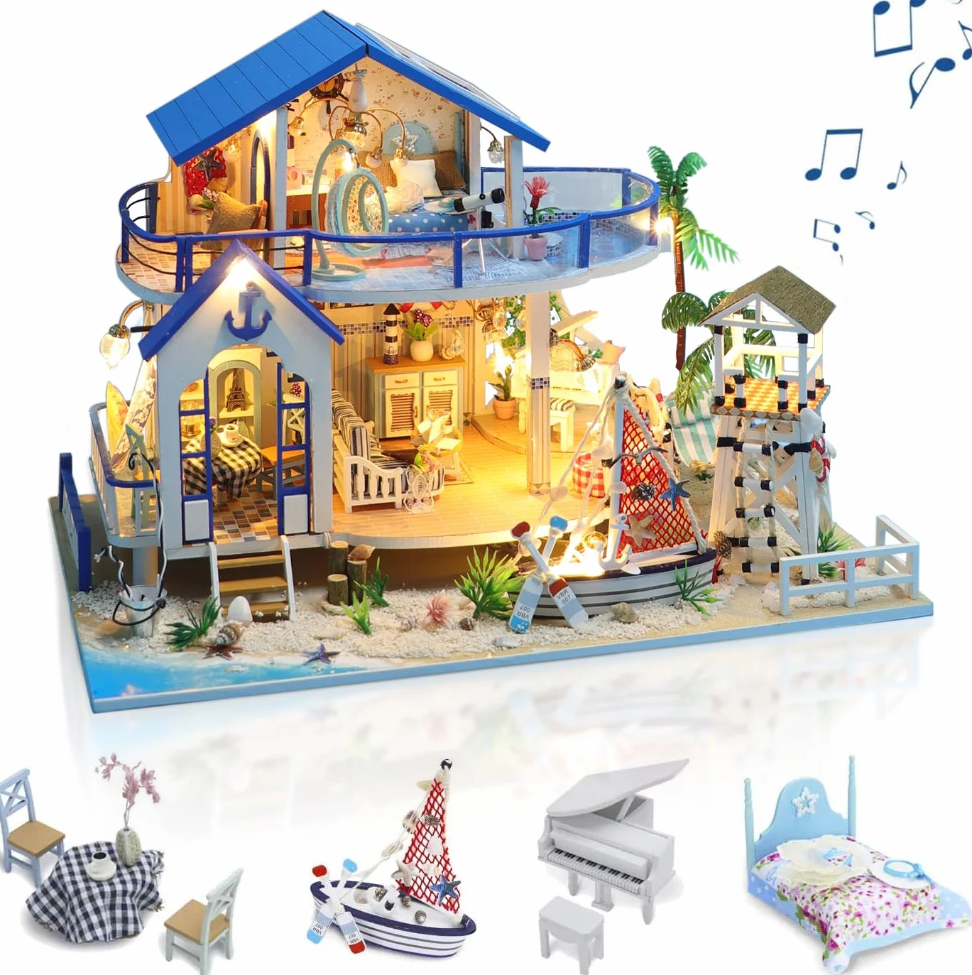GuDoQi Miniaturowy zestaw domku dla lalek z muzyką, miniaturowe zestawy modeli domu DIY do budowania, rękodzieło ręcznie robione dla dorosłych, stwórz własny na urodziny, Dzień Ojca, Niebieska Willa