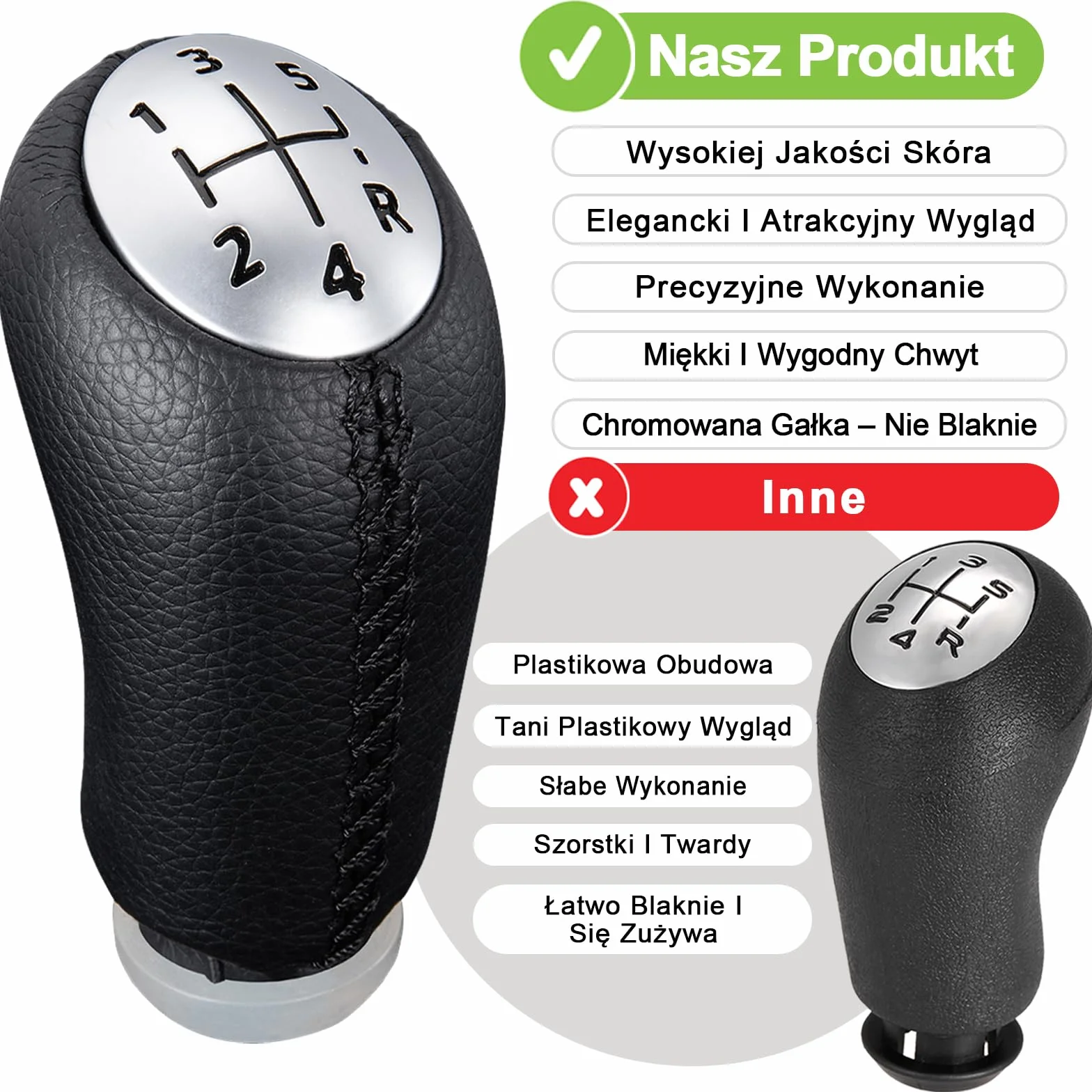 Gałka dźwigni zmiany biegów Spurtar Clio 3 do Renault Clio III 2005-09, Megane 2 Laguna 2 2003-09, Clio 4 2012-19 czarna skóra, z adapterem