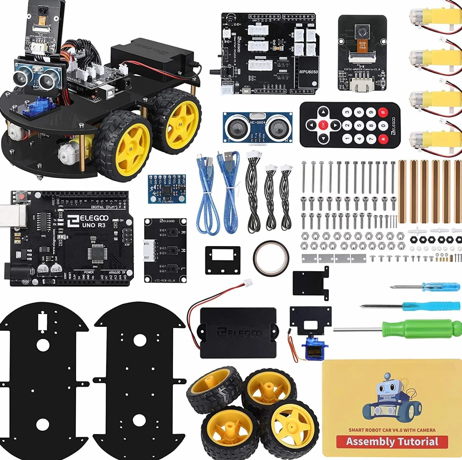 ELEGOO Inteligentny Zestaw Samochodowy Robota V4.0 Kompatybilny z Arduino IDE, Zestaw do Budowy Elektroniki z Kamerą, UNO R3, Moduł Bluetooth, Zabawki-Roboty Samochodowe dla Dzieci