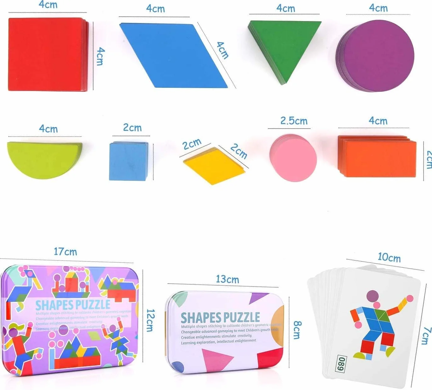 BBLIKE Tangram Wood, 36 drewnianych puzzli Montessori + 60 sztuk układania kart do układania w stosy gry i zabawki edukacyjne klasyfikacja dla dzieci