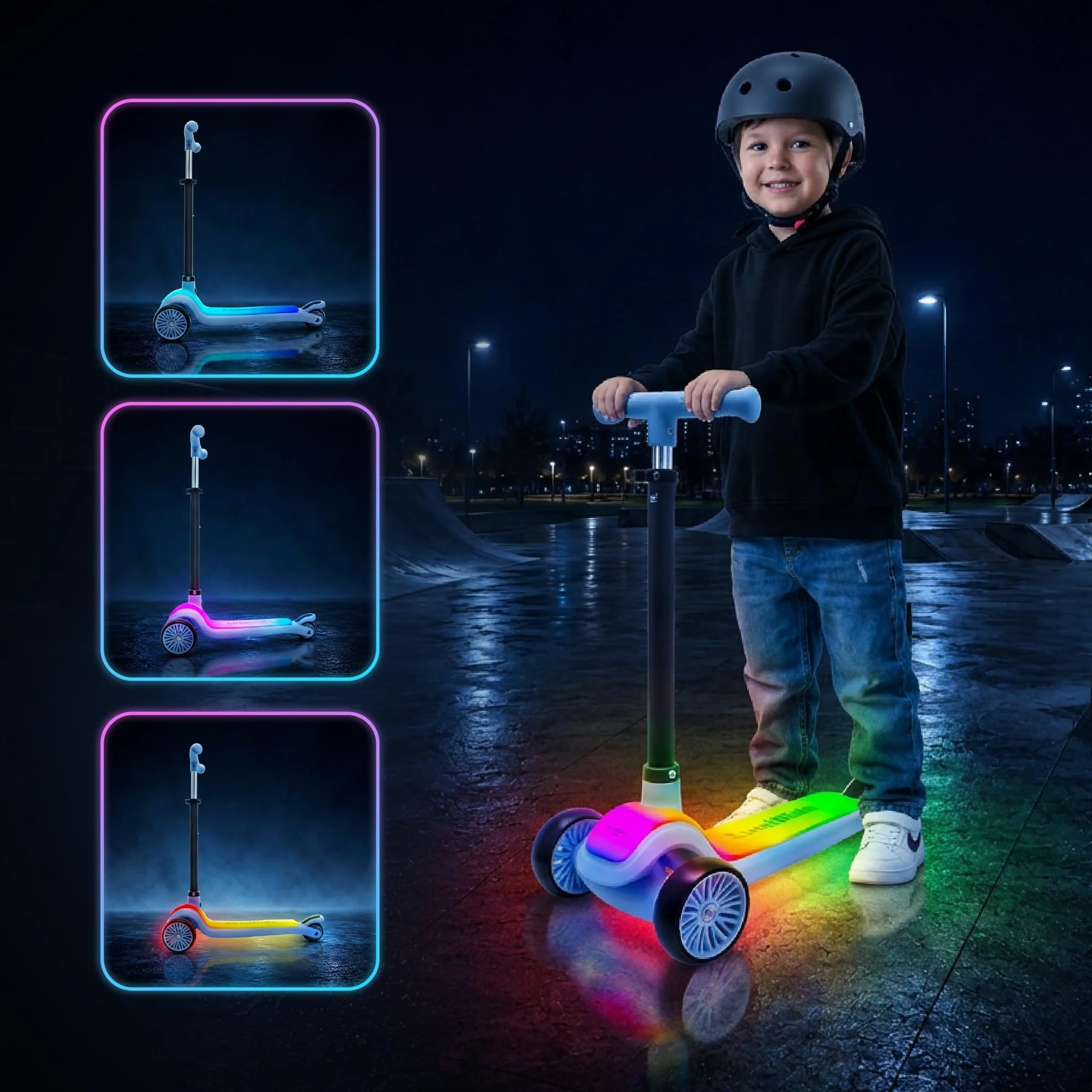 LUMI RIDE Hulajnoga Trójkołowa dla dzieci LED 3+, Balansowa, Składana, Regulowana Kierownica, Hamulec Nożny, Antypoślizgowy Podest, Wyjmowana Kierownica