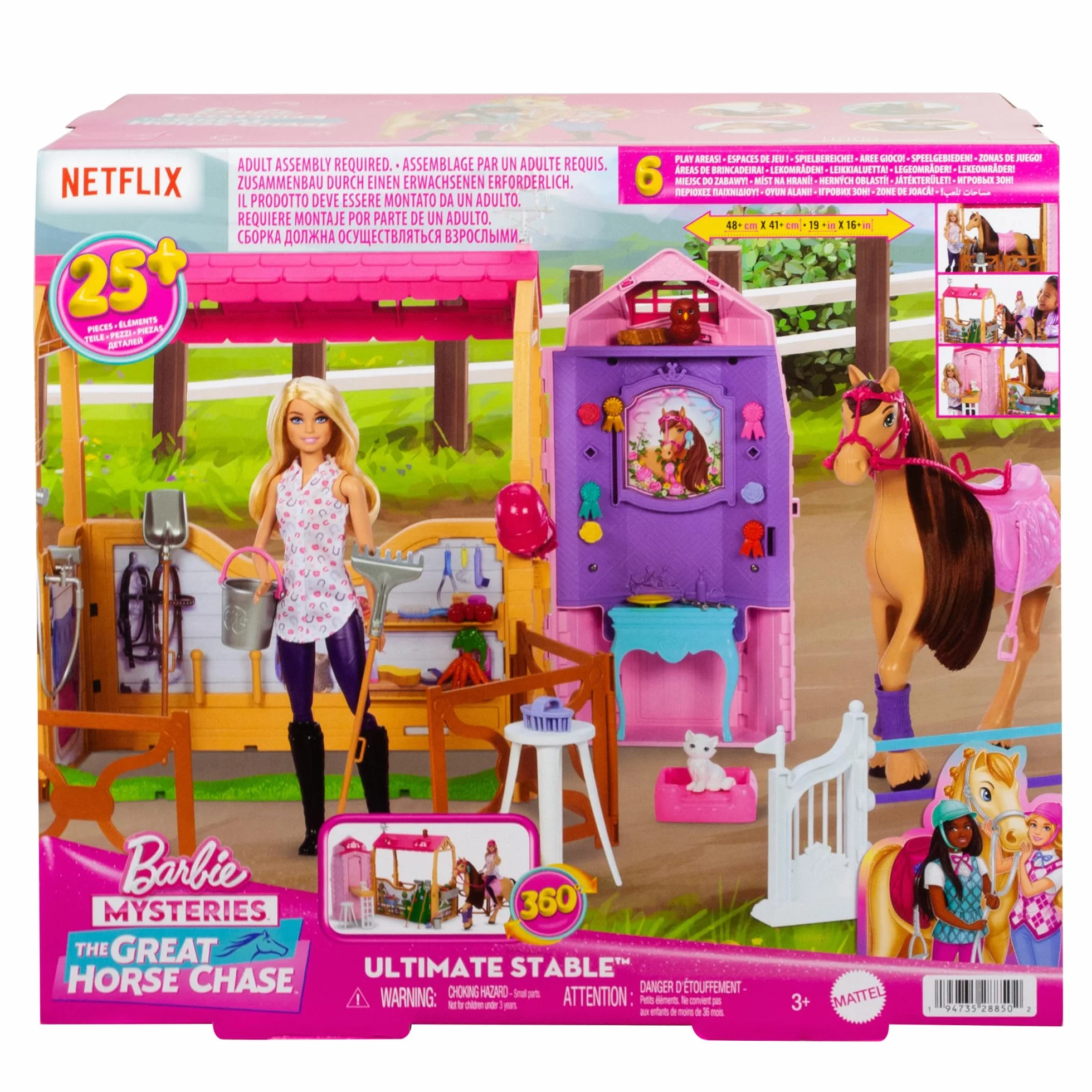 Barbie Stadnina Marzeń Zestaw filmowy z lalką, figurką konika i akcesoriami; ponad 25 elementów i 6 obszarów zabawy; inspirowany serialem Zagadki Barbie: Wielki Pościg JDN43