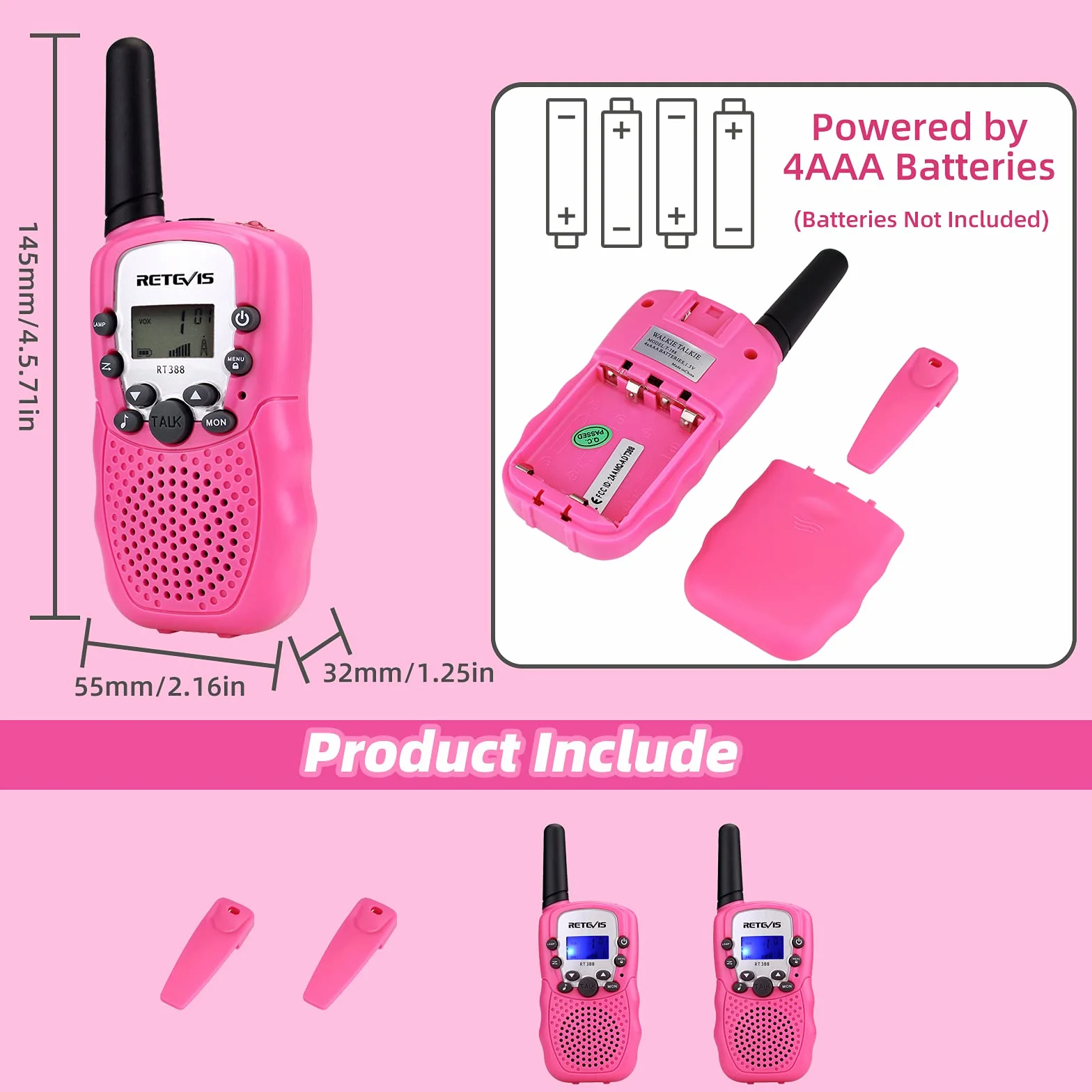 Retevis RT388 Walkie Talkie dla Dzieci PMR446 8 Kanałów Różowy dla Dziewczynek - Latarka VOX Zabawki Prezenty Pisanki (Różowe, 1 Para)