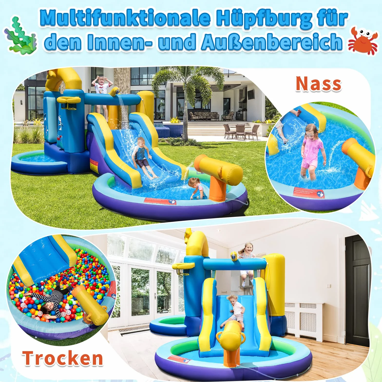 COSTWAY Dmuchany zamek z dmuchawą i zjeżdżalnią, park wodny z 2 basenami, armata, kosz do koszykówki, dla dzieci na podwórko, park, 490 x 290 x 220 cm