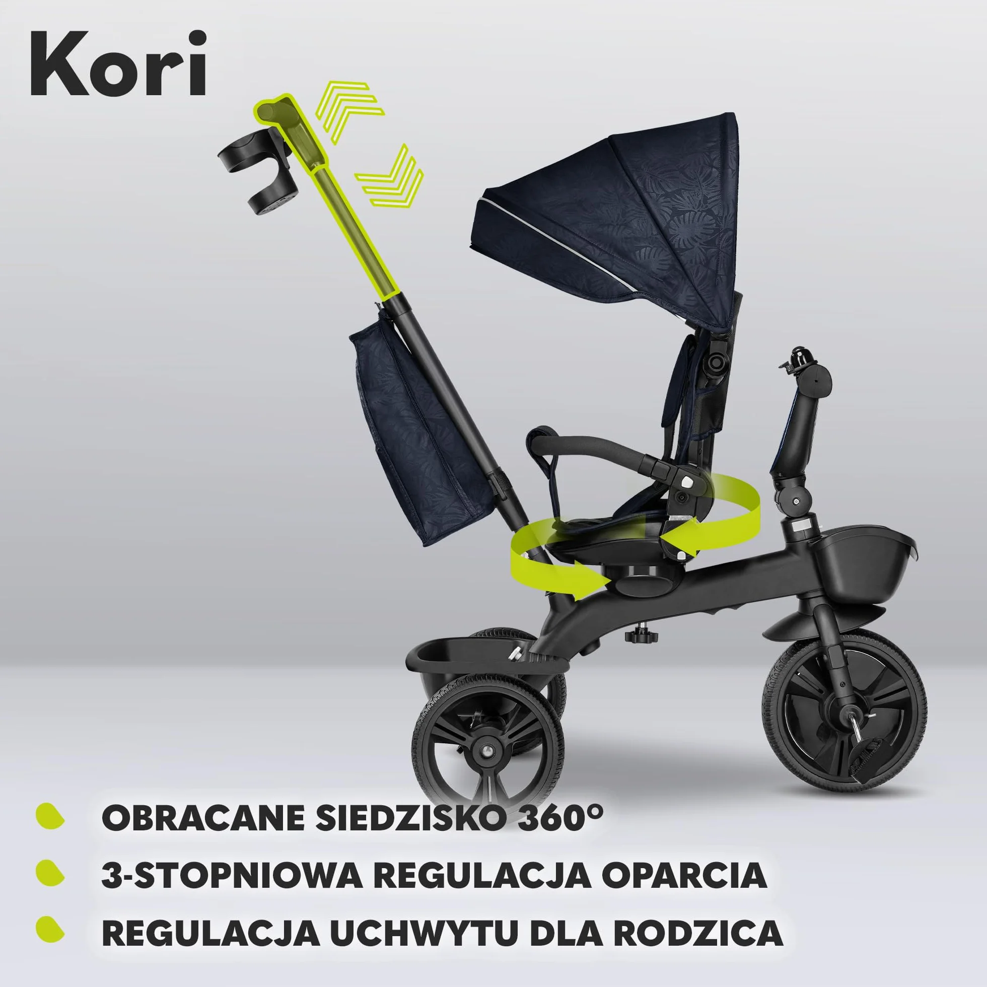 Kori trzykołowy rower z drążkiem do pchania, dla dzieci w wieku od 1,5 do 5 lat, rama magnezowa, niewymagające konserwacji, gumowe kółka, zdejmowany daszek