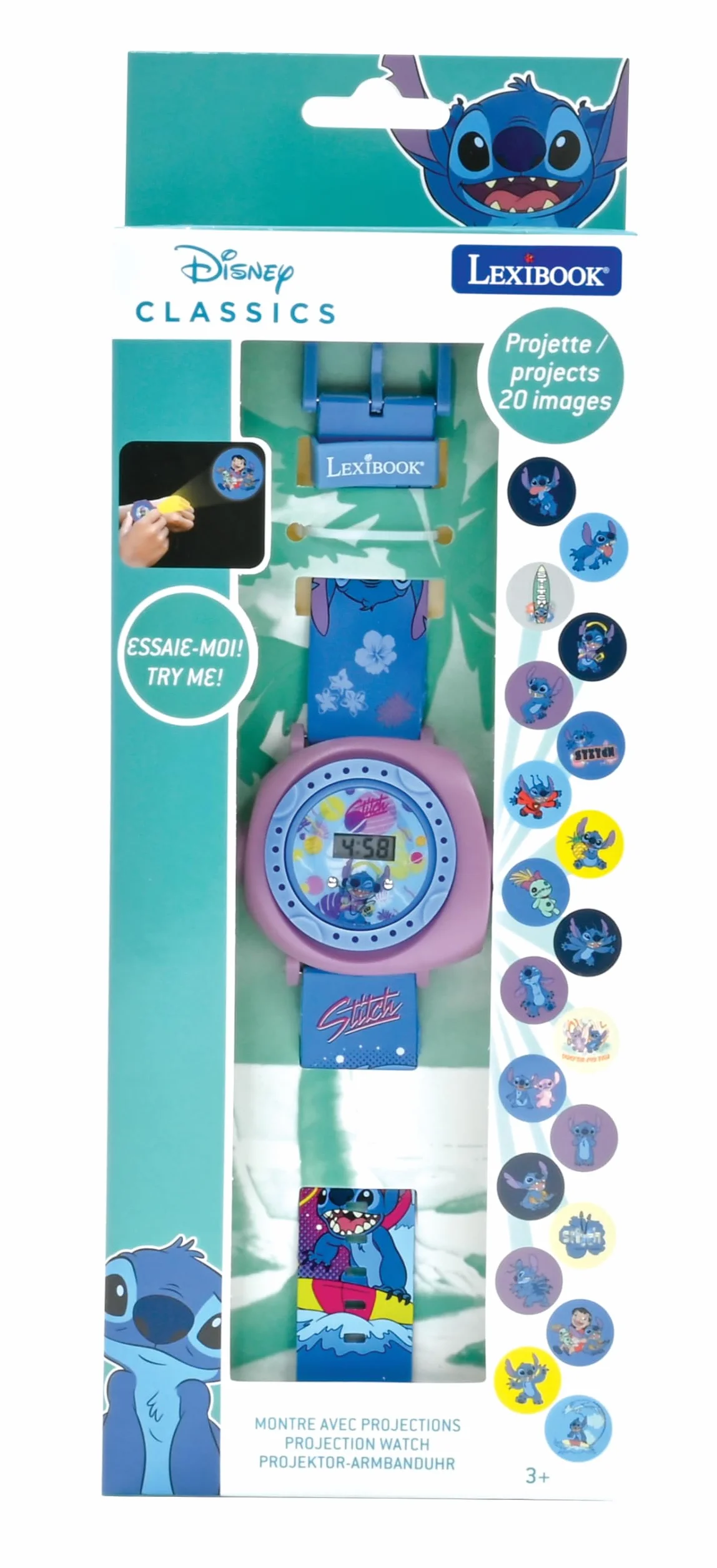 Lexibook, Disney Stitch, Regulowany Zegarek Projekcyjny, Cyfrowy Ekran, 20 Obrazów Lilo i Stitch, dla Dzieci, Niebieski, DMW050D