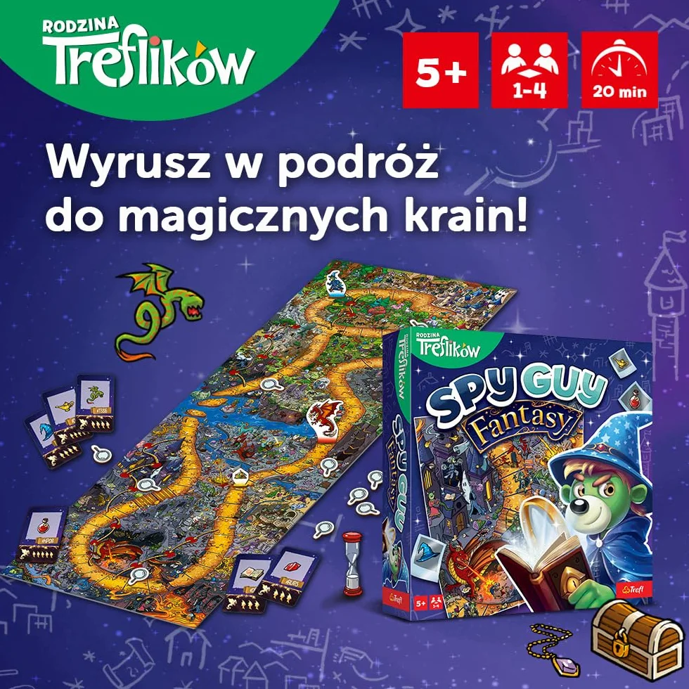 Trefl - Spy Guy Fantasy - Kooperacyjna Gra Obserwacyjna, Świat Czarów i Bajkowych Stworzeń, Szukanie Poszlak, Ogromna Plansza, Rodzinna Gra Planszowa Dorosłych i Dzieci od 5 lat