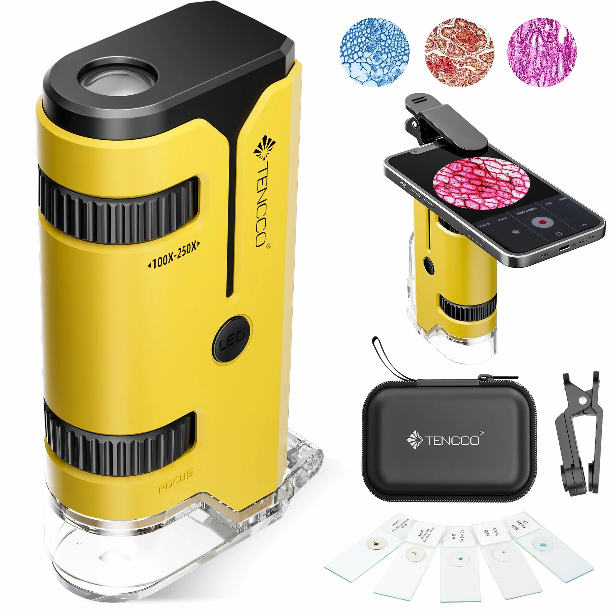 Mini Mikroskop Kieszonkowy 100x-250x dla Dzieci i Dorosłych, Mikroskop Przenośny z 5 Ostrzami Mikroskopowymi, Adapter do Telefonu, Przenośny Miniskop dla Dzieci i Dorosłych, Edukacja Naukowa, Żółty