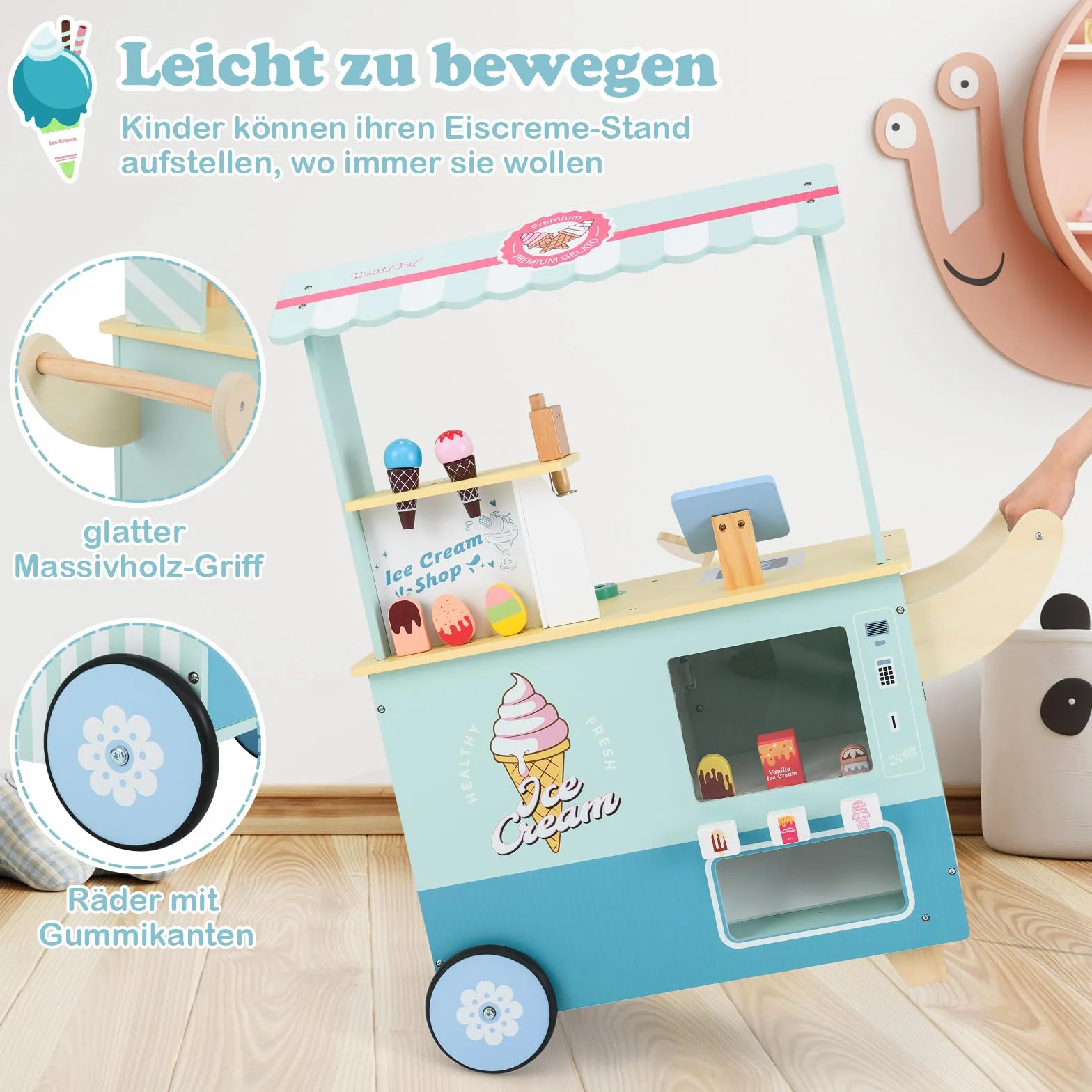 COSTWAY Wóz na lody dla dzieci z zabawką, drewniany sklep z lodami z maszynką do lodów i automatem sprzedającym i kasą i skaner, sklepik w zestawie z 15 akcesoriami dla dzieci od 3 lat (zielony)