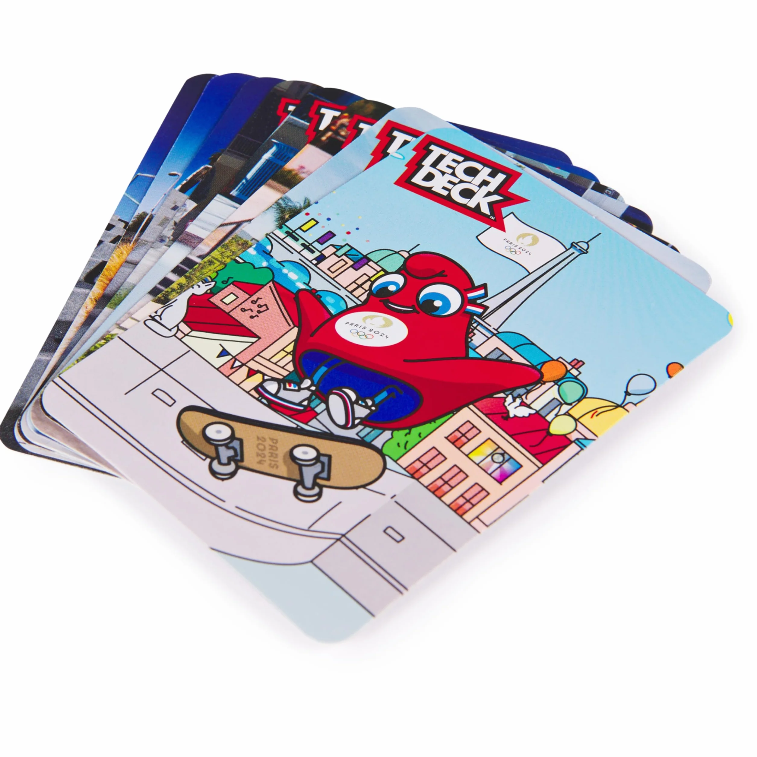 Tech Deck Competition Legends zestaw 8 sztuk, 8 autentycznych naparstków olimpijskich sportowców w Paryżu 2024, 8 indywidualnych uchwytów na deskorolkę, 8 kart dla sportowców, od 6 lat