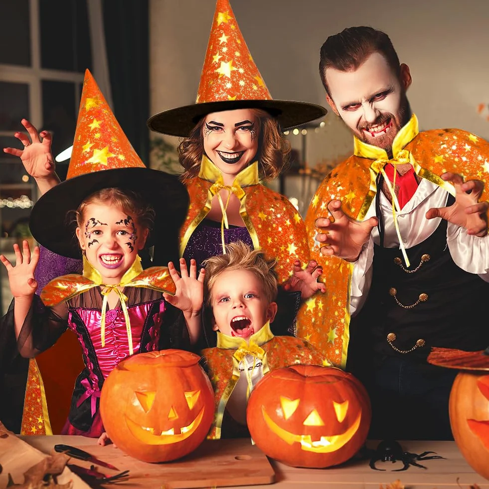 Peleryna czarodzieja, płaszcz czarownicy, dla dzieci, kostium czarownicy, płaszcz i kapelusze dla dzieci, kostium na Halloween, rekwizyty, kostium ze złotymi gwiazdami, dla dzieci, dziewcząt, na