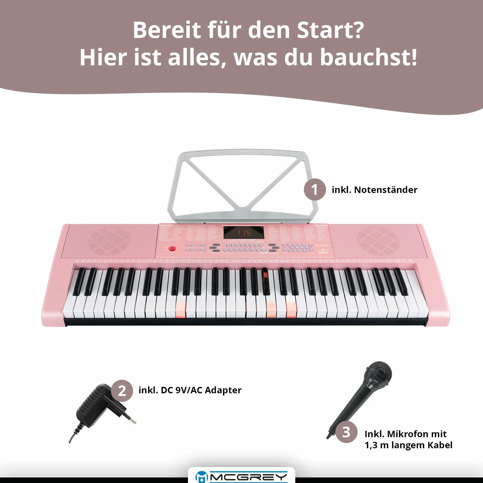 McGrey LK-6120-MIC Keyboard z mikrofonem i zestawem słuchawek dla dzieci – klawiatura dla początkujących z 61 przyciskami świecącymi – 255 dźwięków i 255 rytmów – 50 utworów demo – mikrofon i