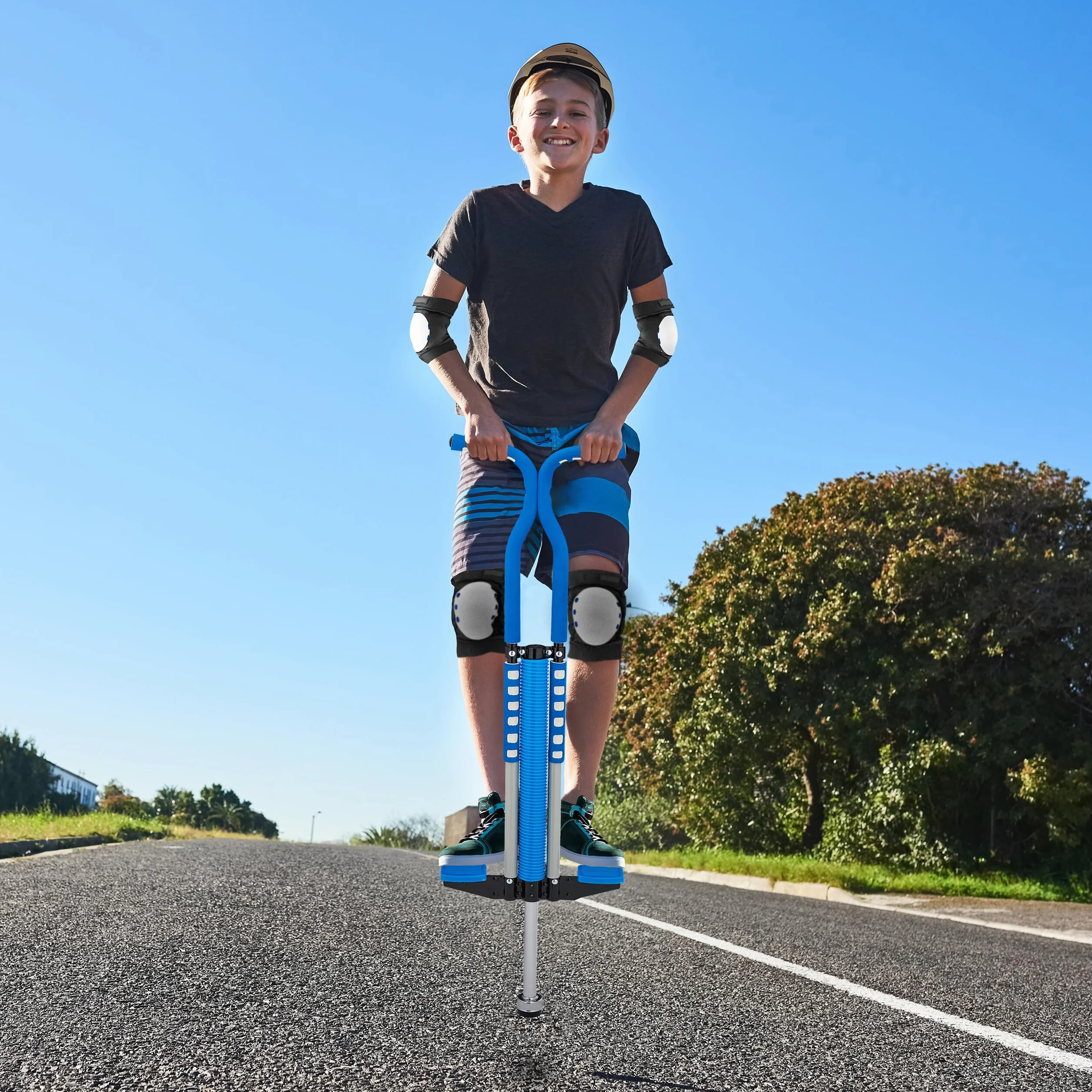 Relaxdays Kij pogo, dla dzieci, do 60 kg, wyściełany, do użytku na zewnątrz, antypoślizgowa, stal nierdzewna, niebieska, pianka, tworzywo sztuczne