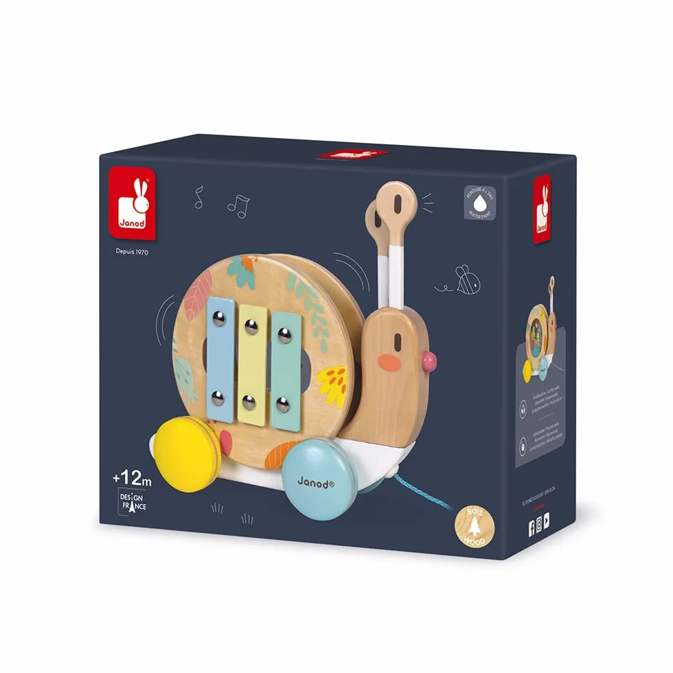 Janod - Wooden Pure Pull-Along Snail - Wooden Toy with Xylophone and Tambourine - Water Based Paint - Educational Musical Early Learning Toy - from 1 Year Old, J05159