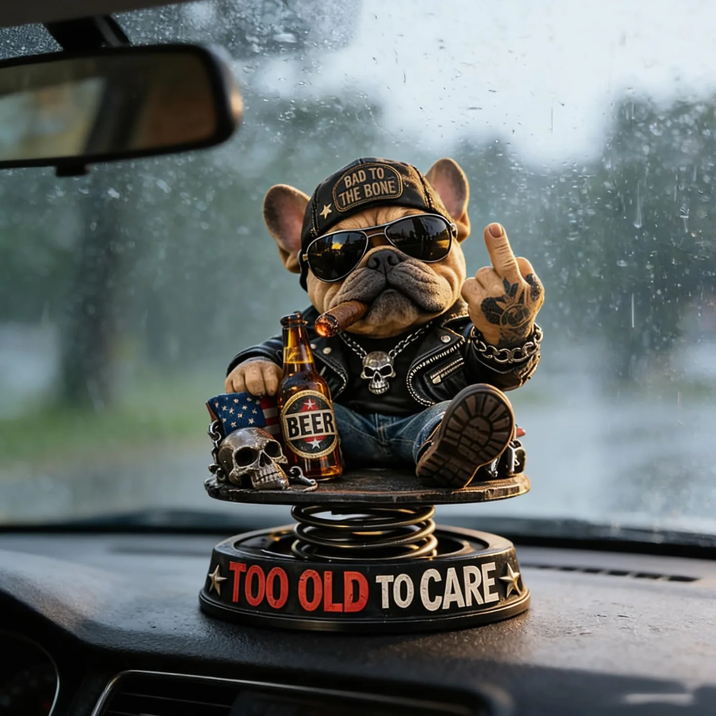 Too Old to CareDashboard Bobblehead, śliczny buldog dekoracja deski rozdzielczej, ciekawa deska rozdzielcza buldog środkowy palec statuetka dekoracja, humorystyczny bob samochodowy
