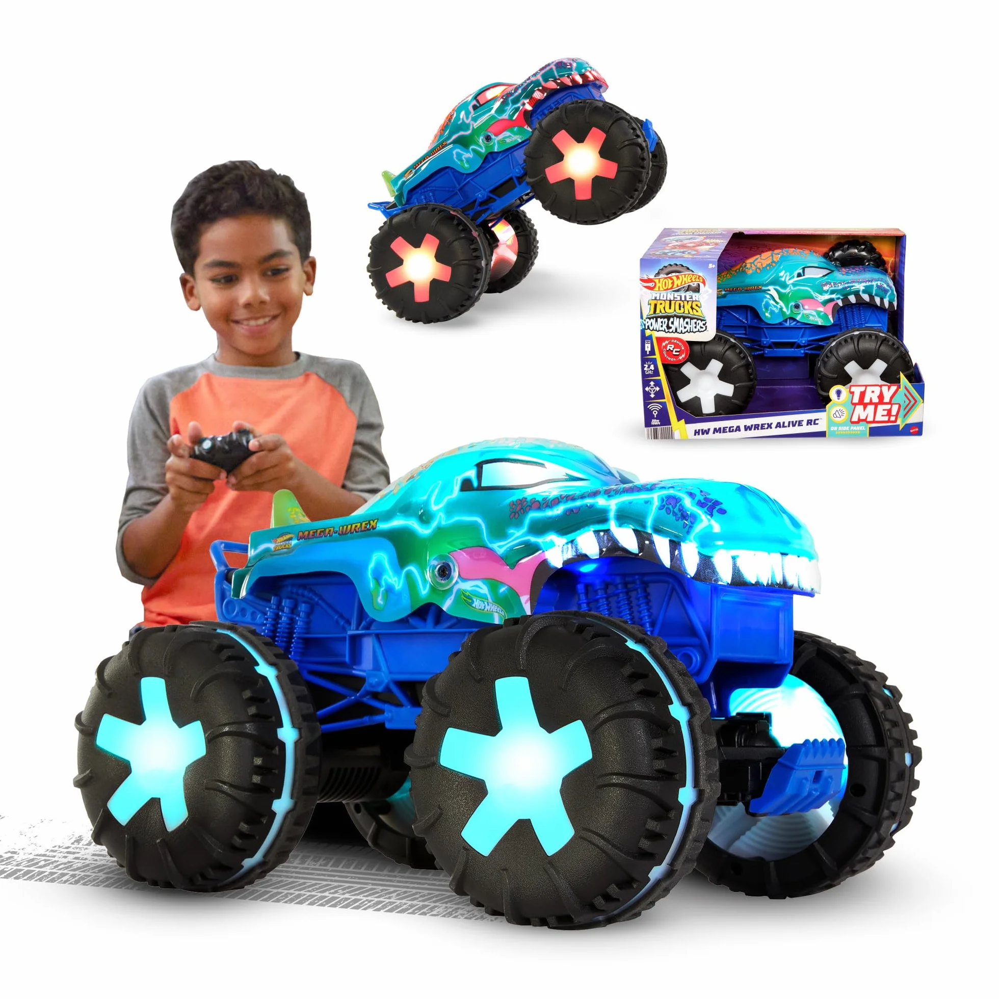 Hot Wheels RC Monster Trucks Mega-Wrex Alive Światła i dźwięki Zdalnie sterowany pojazd w skali 1:15 z 3 trybami zabawy, interaktywnymi światłami i dźwiękami, JBD90