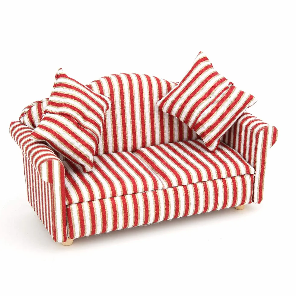 3 sztuk 1:12 zestaw sof dla lalek Mini dekoracja domku dla lalek pomarańczowe różowe złoto w paski drewniane tkaniny Mini miniaturowy salon zabawka dla dzieci dekoracja na meble do domku dla lalek z 4 poduszkami