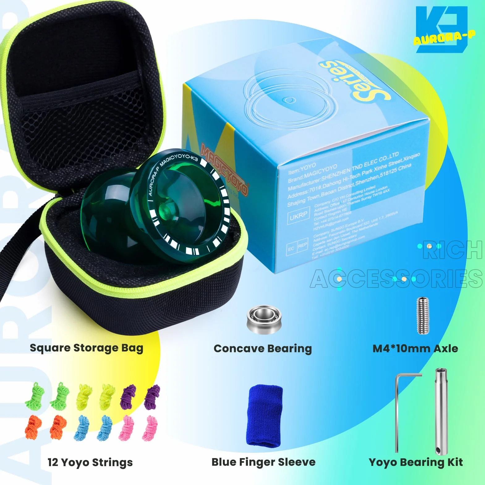 MAGICYOYO K3 Aurora-p, Professional JoJo With Finger Spin for Kids, Responsive and Non-Responsive With 12 Strings and Accessory Set (Dark Green)