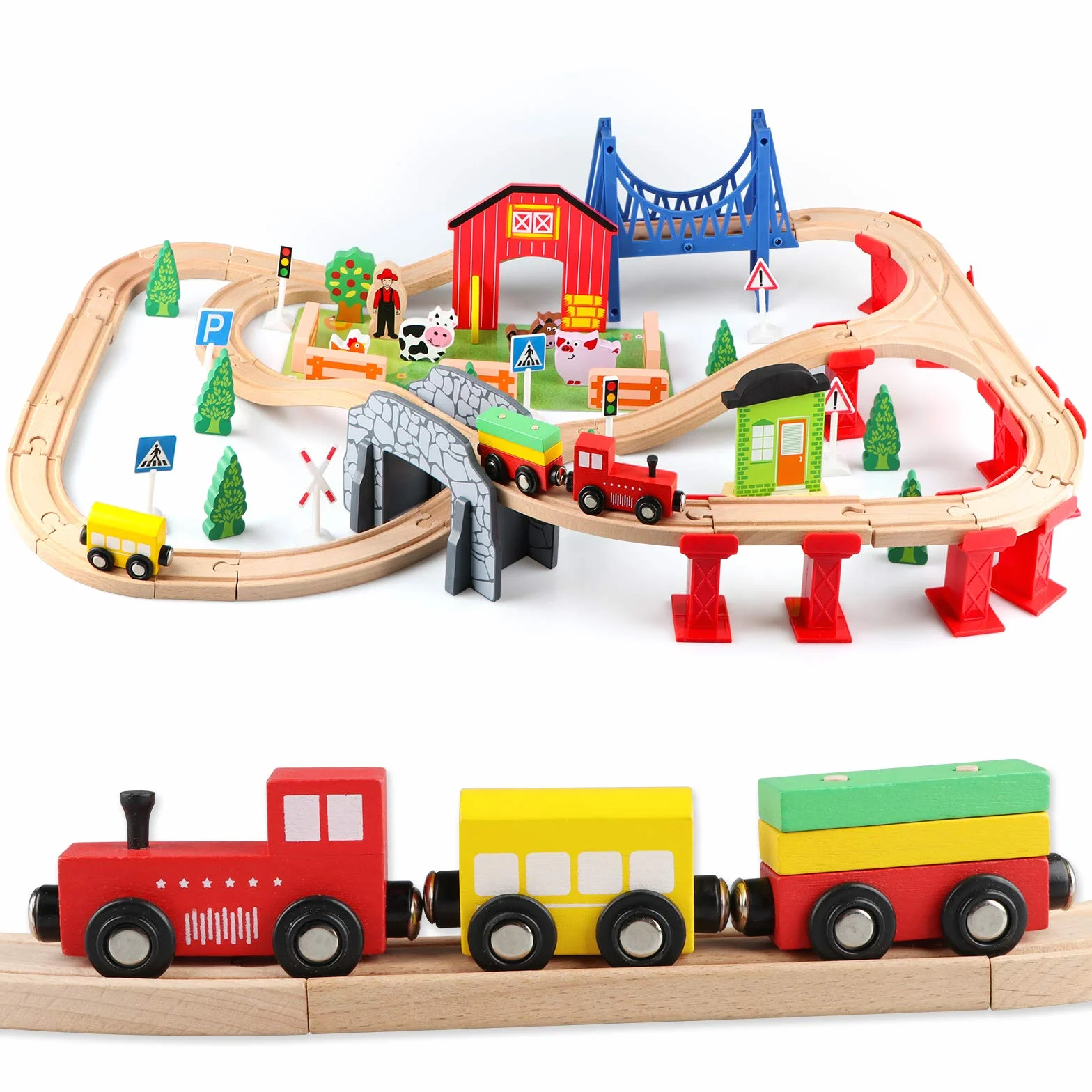 Jacootoys 80 SZTUK Drewniane Pociągi Zestaw Torów Edukacyjna zabawka konstrukcyjna dla dzieci w wieku 3+ lat Dziewczęta Chłopcy