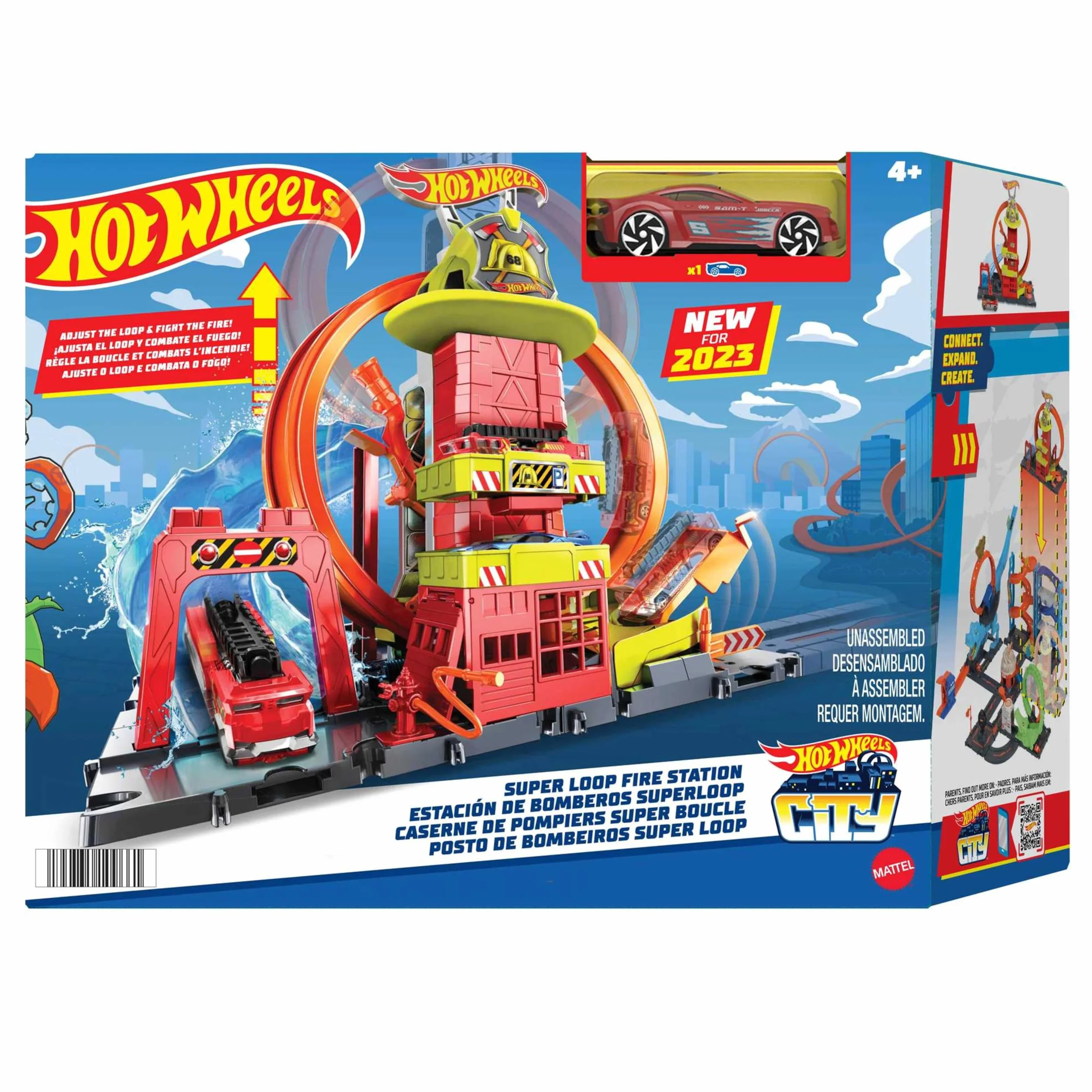 Hot Wheels HKX41 - HW City z 1 samochodem zabawkowym, ręcznie sterowaną windą, rampą przypominającą wodę, elementami toru, remizą strażacką z super pętlą, samochody zabawkowe dla dzieci od 4 lat