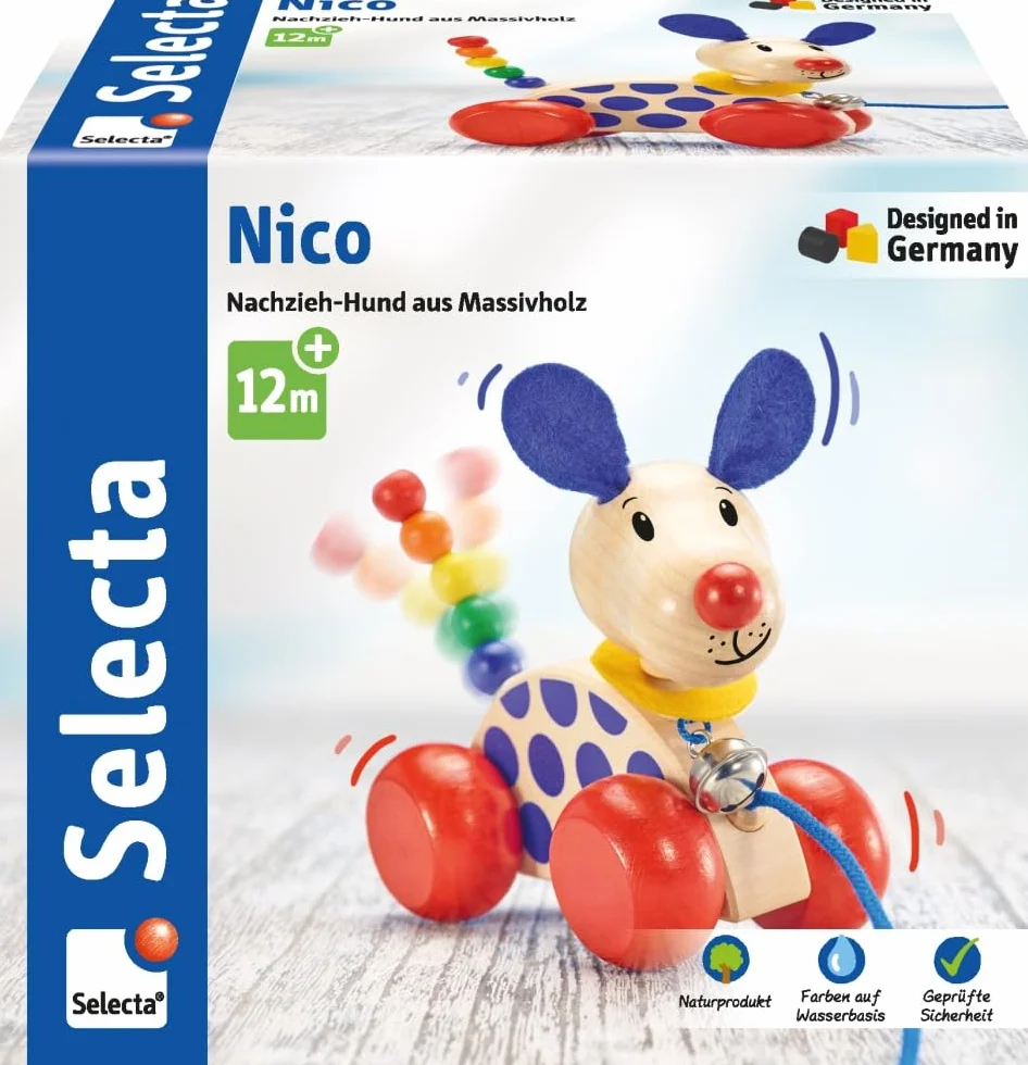 Selecta 62026 Pies Nico, zabawka do ciągnięcia, z drewna, 12 cm