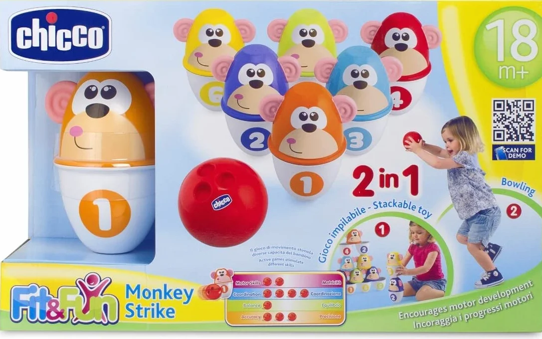 Chicco Kolorowe Kręgle Jungle FIT&FUN, Kolorowe Kręgle, Zestaw do Gry w Kręgle, Zabawki dla Chłopca i Dziewczynki