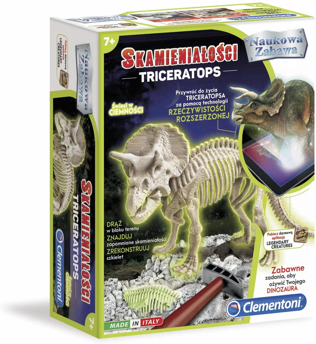 Clementoni - 60892 - Naukowa Zabawa Lab Skamieniałości - Triceratops Fluorescencyjny dla Dzieci od 7 Lat Wersja Polska