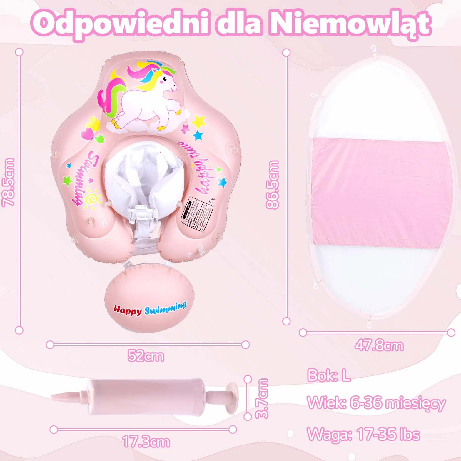 Fotelik Basenowy dla Niemowląt z Baldachimem UPF 50+ Pływający Basenik dla Maluchów Zapobiegający Przewracaniu się dla Dzieci w Wieku 6-36 Miesięcy - Różowy