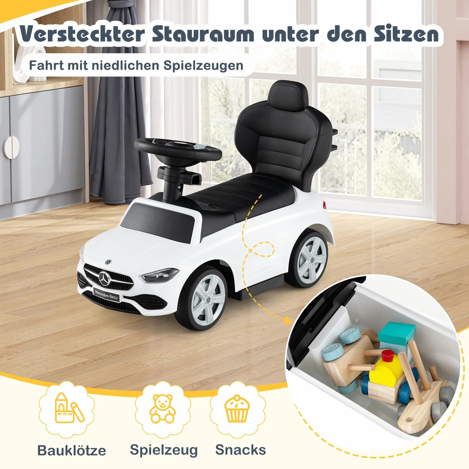 COSTWAY Mercedes-Benz samochód ślizgowy 3 w 1 z uchwytem przesuwnym, schowkiem i suwakiem kierownicy, samochód przesuwny z klaksonem i dźwiękiem, dla dzieci od 1 roku życia (biały)