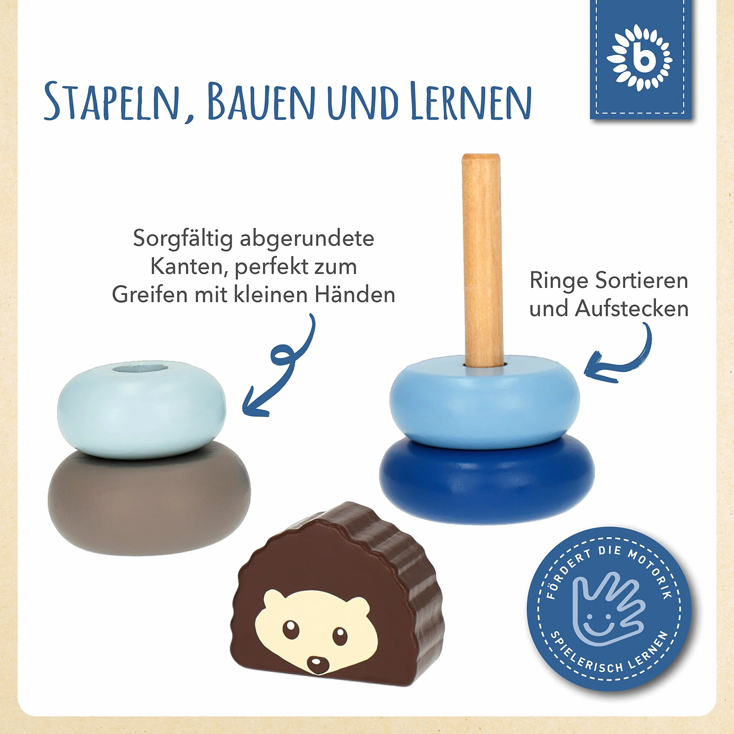 Bieco Wieża do układania w stos drewniany jeż | 13,5 cm, niebieski | wieża układana w stos od 1 roku życia | 5-częściowa piramida wtykowa | nowoczesna gra w stos | kolorowy pierścień piramida | wieża