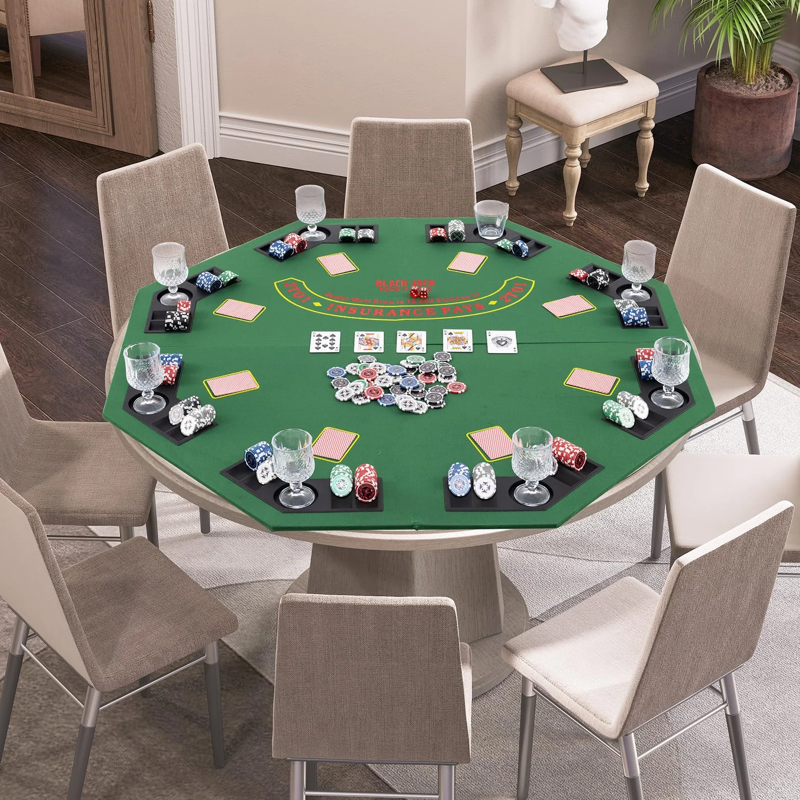 GOPLUS Składana mata do pokera, nakładka na stół pokerowy dla maksymalnie 8 graczy, obrus z torbą do przenoszenia i uchwytem na napoje, ośmiokątna podkładka na stół pokera, na imprezy, 120 x 120 cm