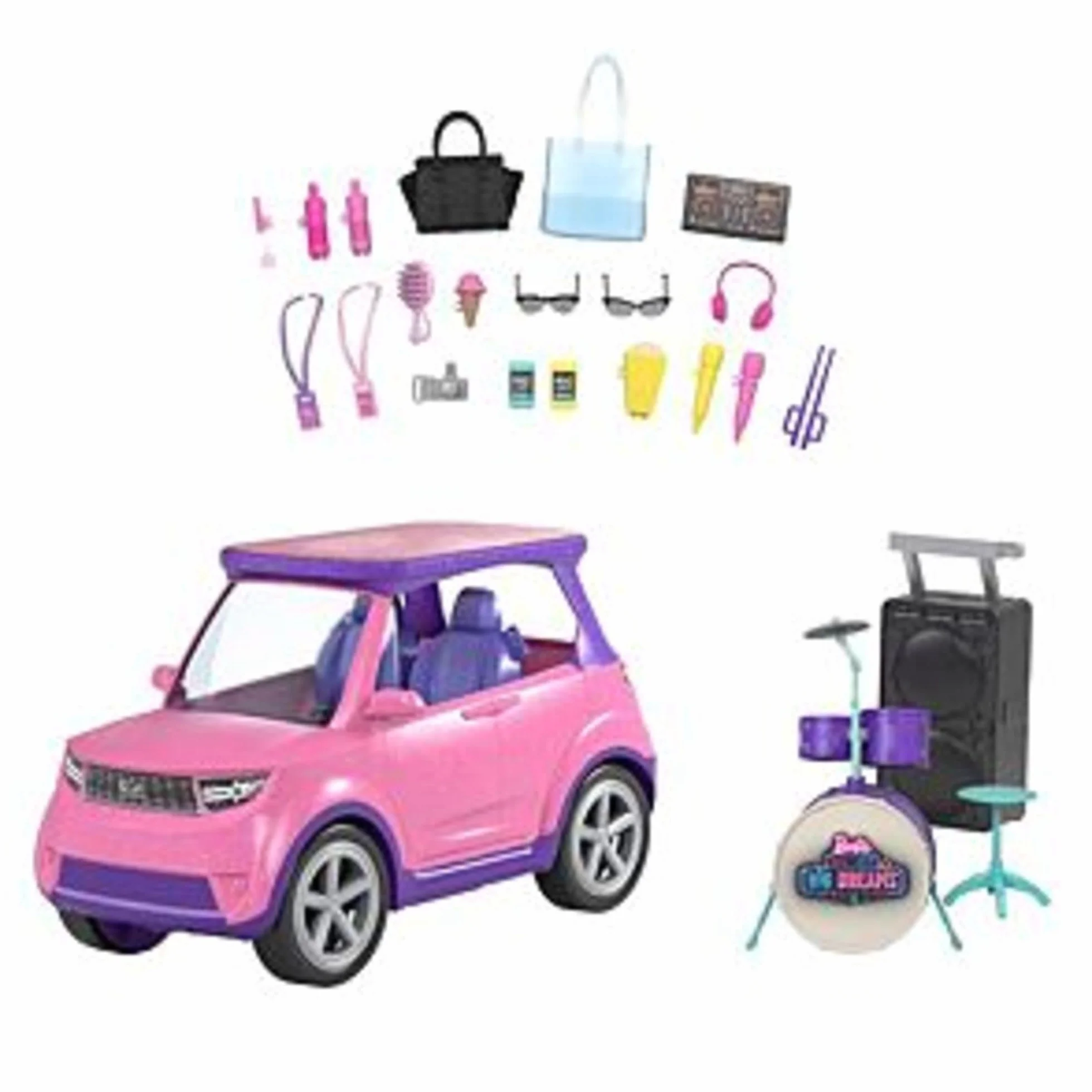 Barbie: Big City Big Dreams Zestaw do zabawy z transformacją, różowy pojazd na 2 pasażerów przekształcający się w scenę + akcesoria koncertowe, prezent dla dzieci w wieku od 3 do 7 lat, GYJ25
