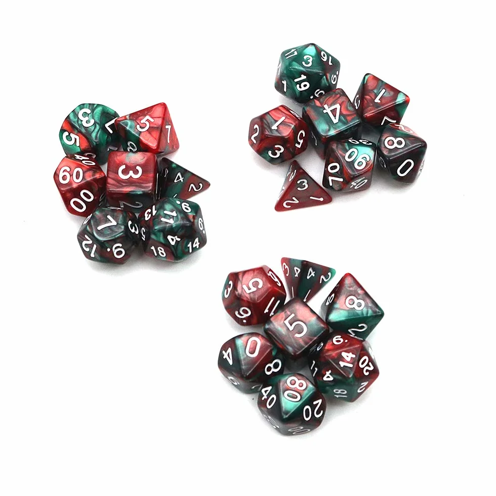 DollaTek Polyhedral Dice zestaw do gry sto?owej, 3 zestawy kostek, 3 x 7 (21 sztuk), seria D20, D12, D10, D8, D6, D4, DND, kostka, DND, RPG, MTG, dwucz??ciowa (czerwona i zielona)