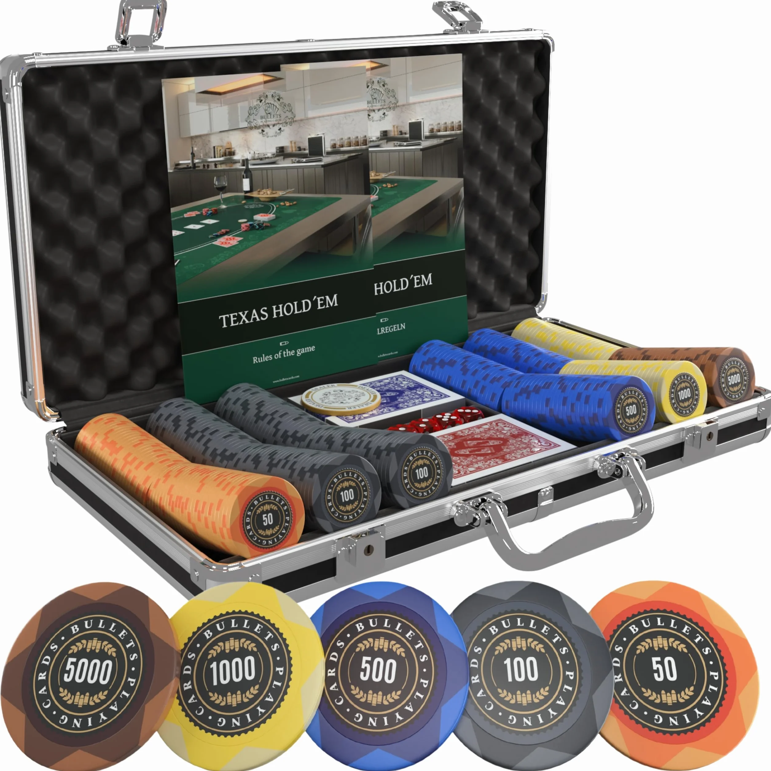 Bullets Playing Cards, Kufer pokerowy Adriana, zestaw do pokera z 300 żetonami Clay z wartościami, w zestawie ceramiczny przycisk dealera i karty do pokera