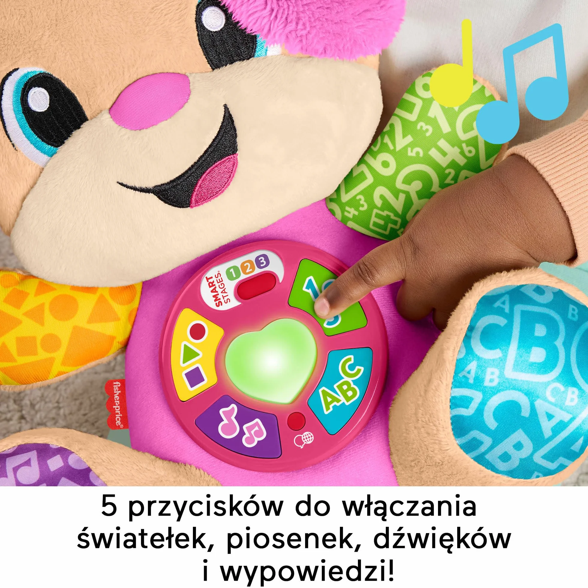Fisher-Price „Ucz się i śmiej!” Siostrzyczka Szczeniaczka Uczniaczka „Poziomy nauki” Edukacyjna interaktywna zabawka, wielojęzykowa: polski; węgierski; czeski; słowacki; angielski, piesek przytulanka
