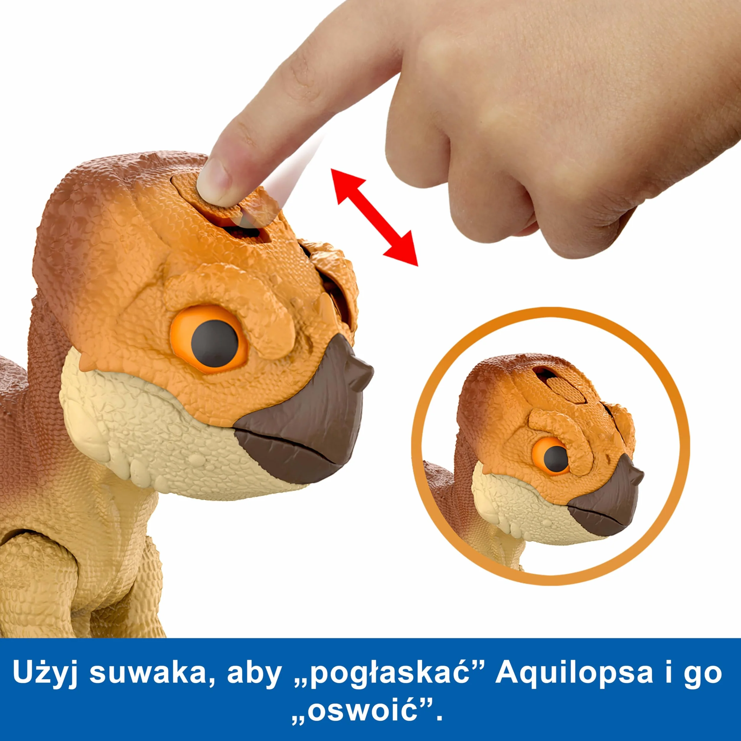 Mattel Jurassic World: Odrodzenie Aquilops Interaktywny przyjaciel dinozaur zabawka, figurka interaktywna z ruchem i dźwiękami, elektroniczna zabawka do „tresowania” z „jedzeniem”, JGC01