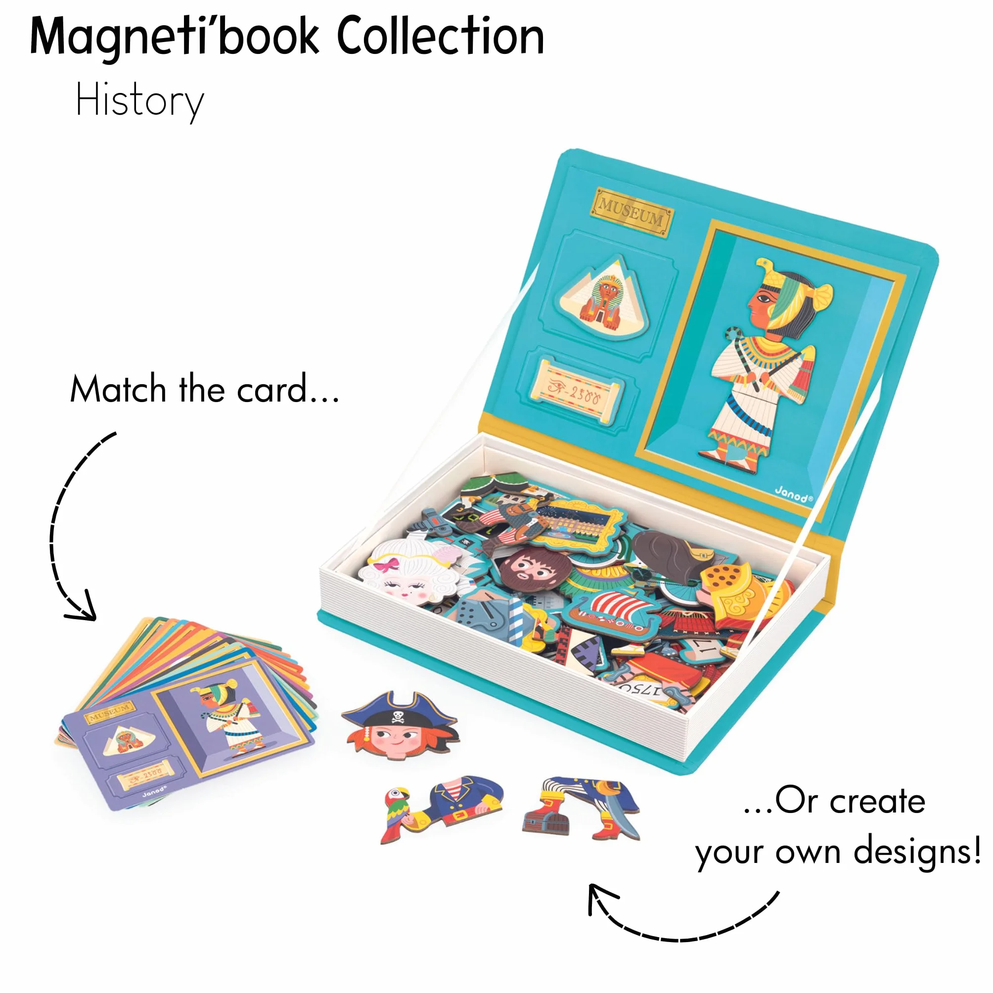 Janod Magnéti'Book Story-Magnetyczna gra edukacyjna 60 magnesów + 12 modeli-zabawki dla dzieci z tektury FSC-ćwiczenia Dobra motoryka i wyobraźnia Od 3 lat, Wielobarwny (JURATOYS J02598)