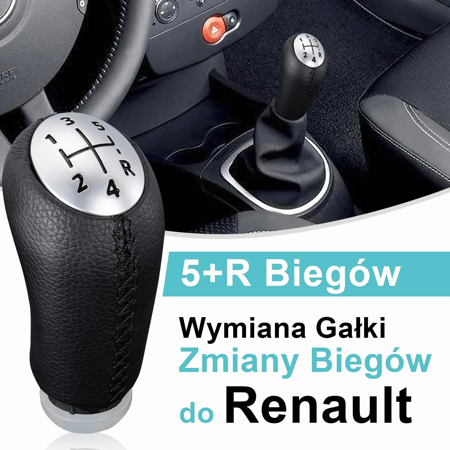 Gałka dźwigni zmiany biegów Spurtar Clio 3 do Renault Clio III 2005-09, Megane 2 Laguna 2 2003-09, Clio 4 2012-19 czarna skóra, z adapterem