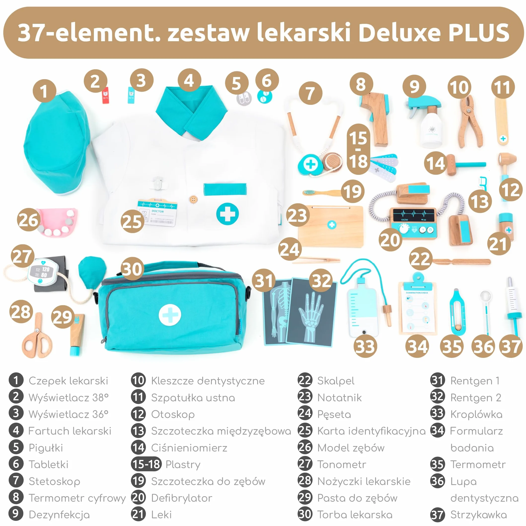 UMU® Drewniany zestaw lekarski Deluxe – walizka lekarska z akcesoriami: stetoskop, fartuch, laptop, narzędzia dentystyczne i więcej, zabawka do odgrywania ról, 37 elementów dla dzieci od 3, 4, 5 lat