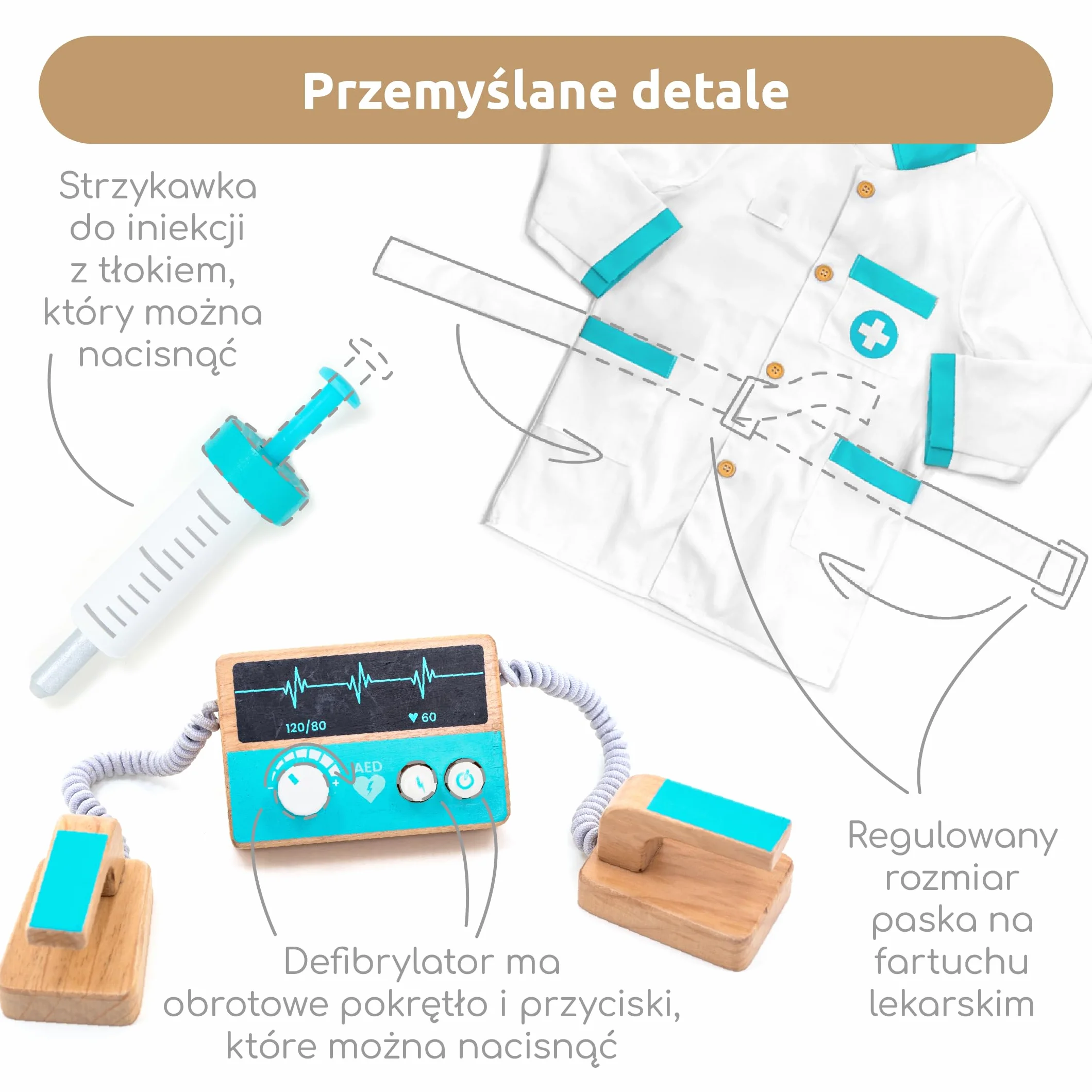 UMU® Drewniany zestaw lekarski Deluxe – walizka lekarska z akcesoriami: stetoskop, fartuch, laptop, narzędzia dentystyczne i więcej, zabawka do odgrywania ról, 37 elementów dla dzieci od 3, 4, 5 lat