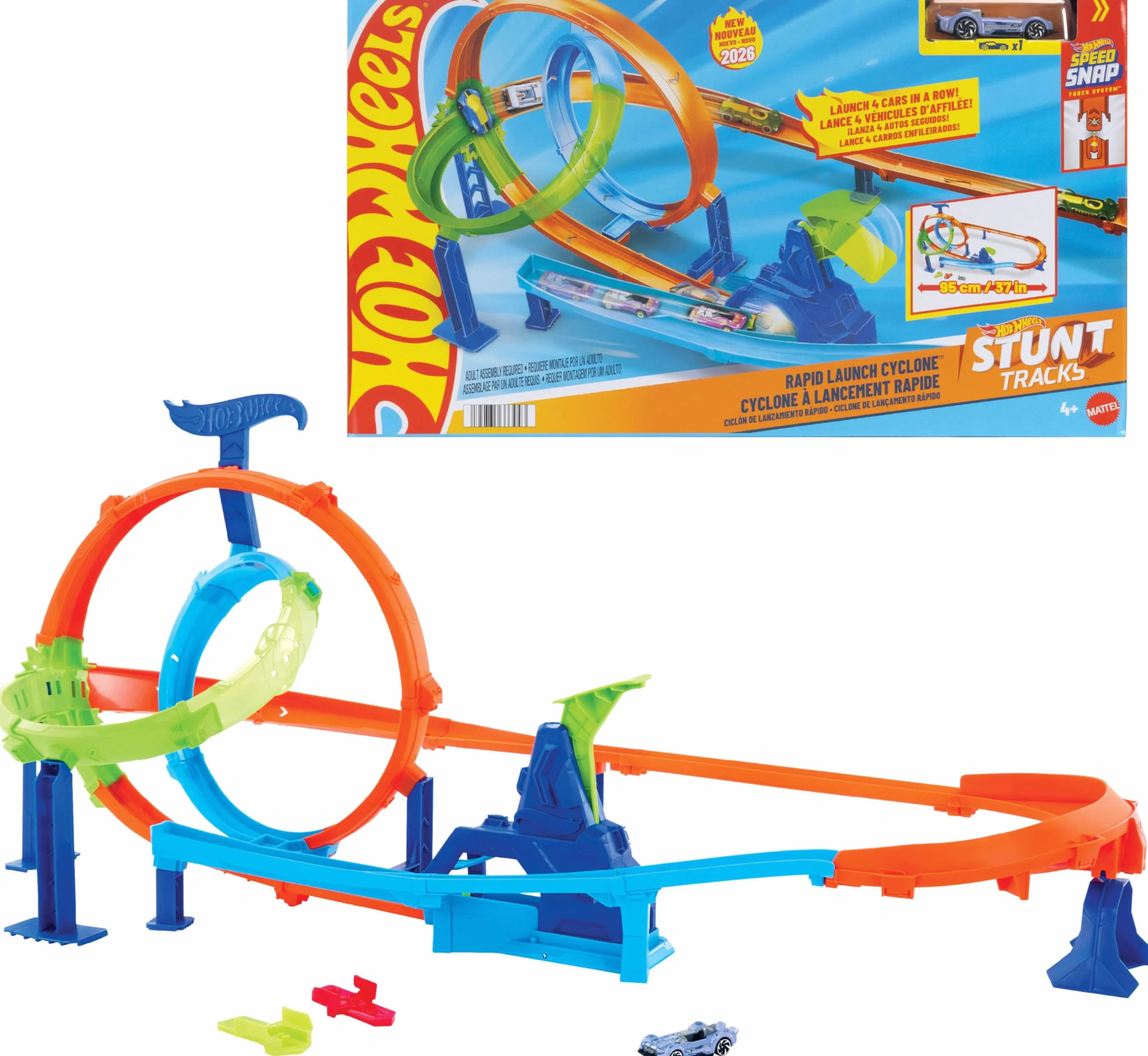 Hot Wheels Stunt Tracks Tor wyścigowy Rajdowy cyklon Zestaw i metalowy samochód zabawka w skali 1:64, podwójna pętla, strefa kraks, zabawka dla dzieci 4+, JHK73