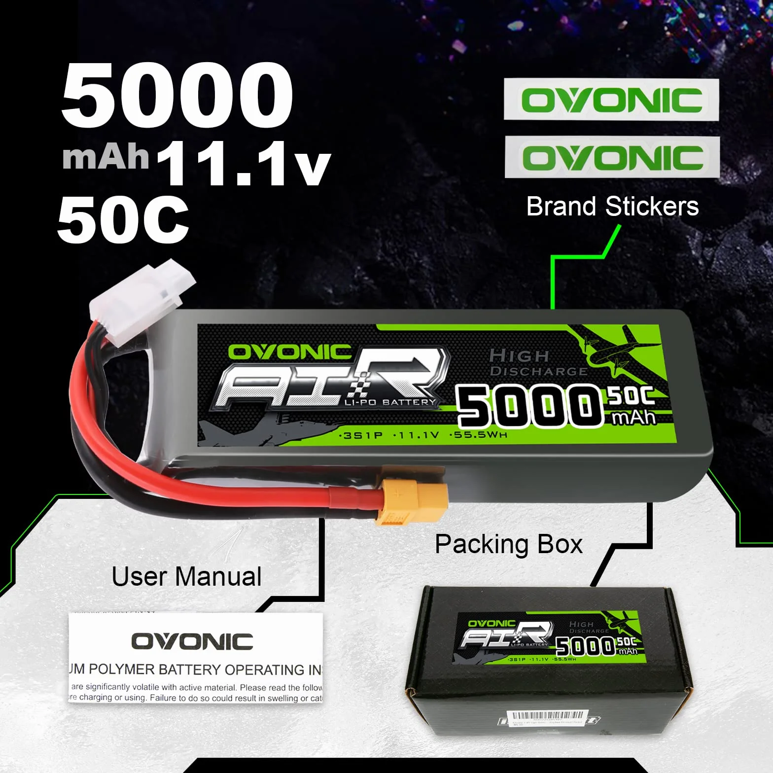 OVONIC 3S Lipo akumulator 50C 5000 mAh 11,1 V LiPo RC z wtyczką XT60 do samochodów RC, łodzi, ciężarówek, heli, samolotów, quadkopterów, helikopterów, helikopterów, helikopterów, multisilników, hobby,
