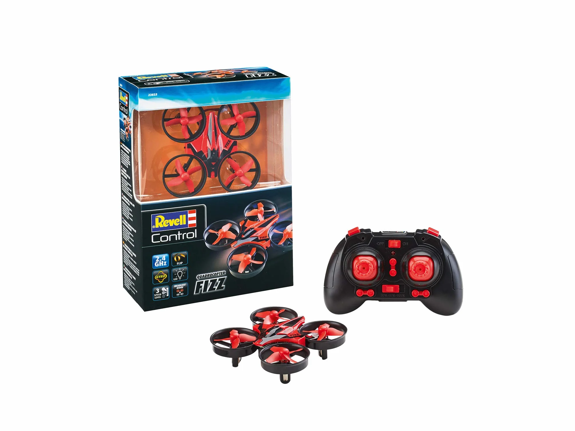 Revell Control 23823 Pilot zdalnego sterowania Mini Quadcopter "Fizz" z precyzyjnym sterowaniem 2,4 GHz, 3 prędkości, tryb klapki, światła LED, tryb bezgłowy, łatwy do latania, długość 8,5 cm,