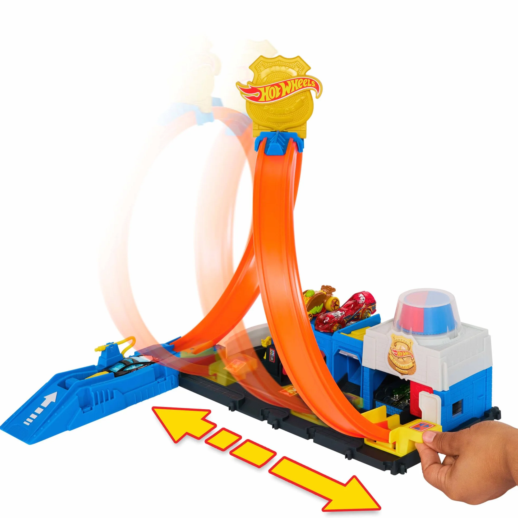 Hot Wheels City Posterunek policji Super Pętla Zestaw do zabawy, tor wyścigowy, metalowy samochód zabawka w skali 1:64 i pętla rajdowa, JBM71