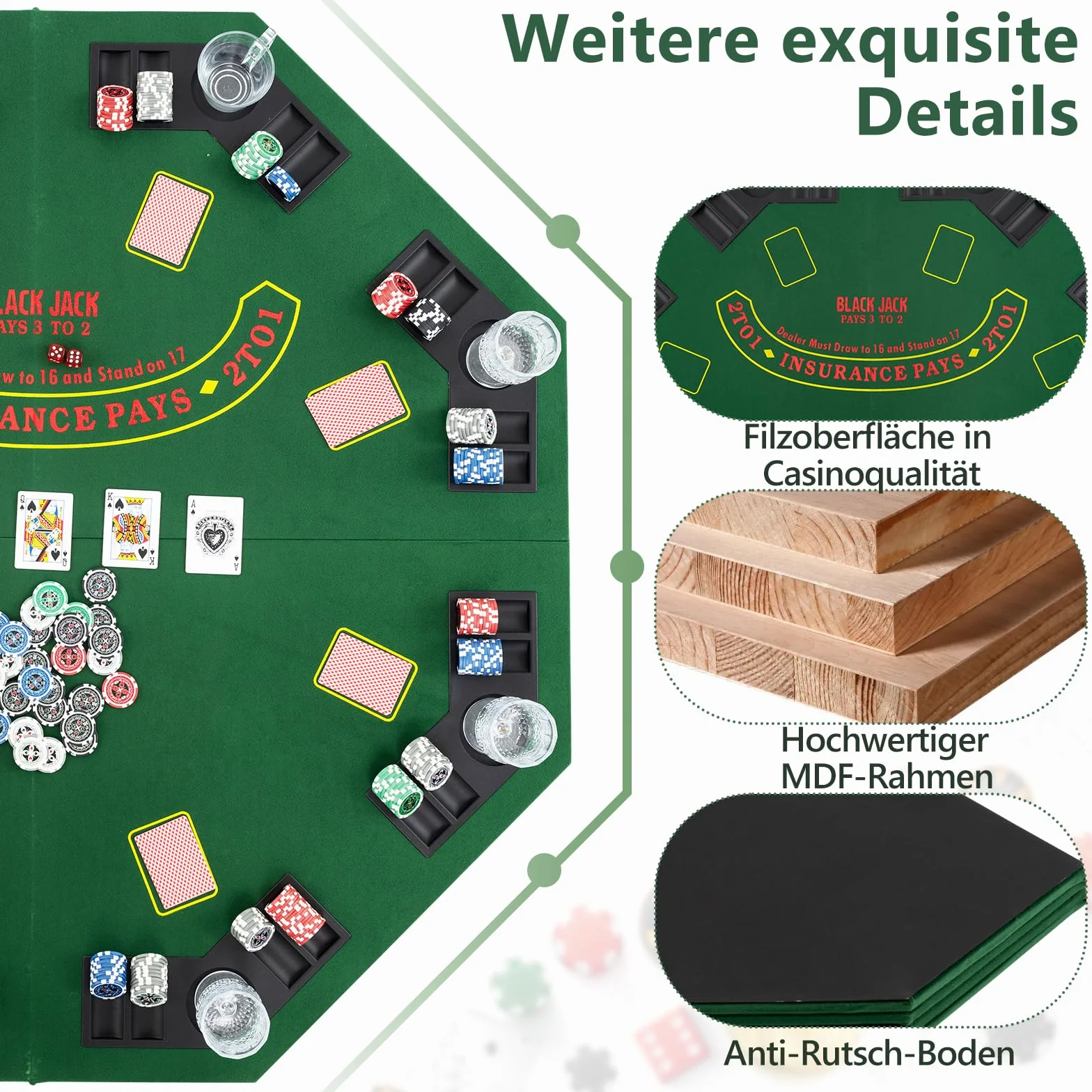 GOPLUS Składana mata do pokera, nakładka na stół pokerowy dla maksymalnie 8 graczy, obrus z torbą do przenoszenia i uchwytem na napoje, ośmiokątna podkładka na stół pokera, na imprezy, 120 x 120 cm