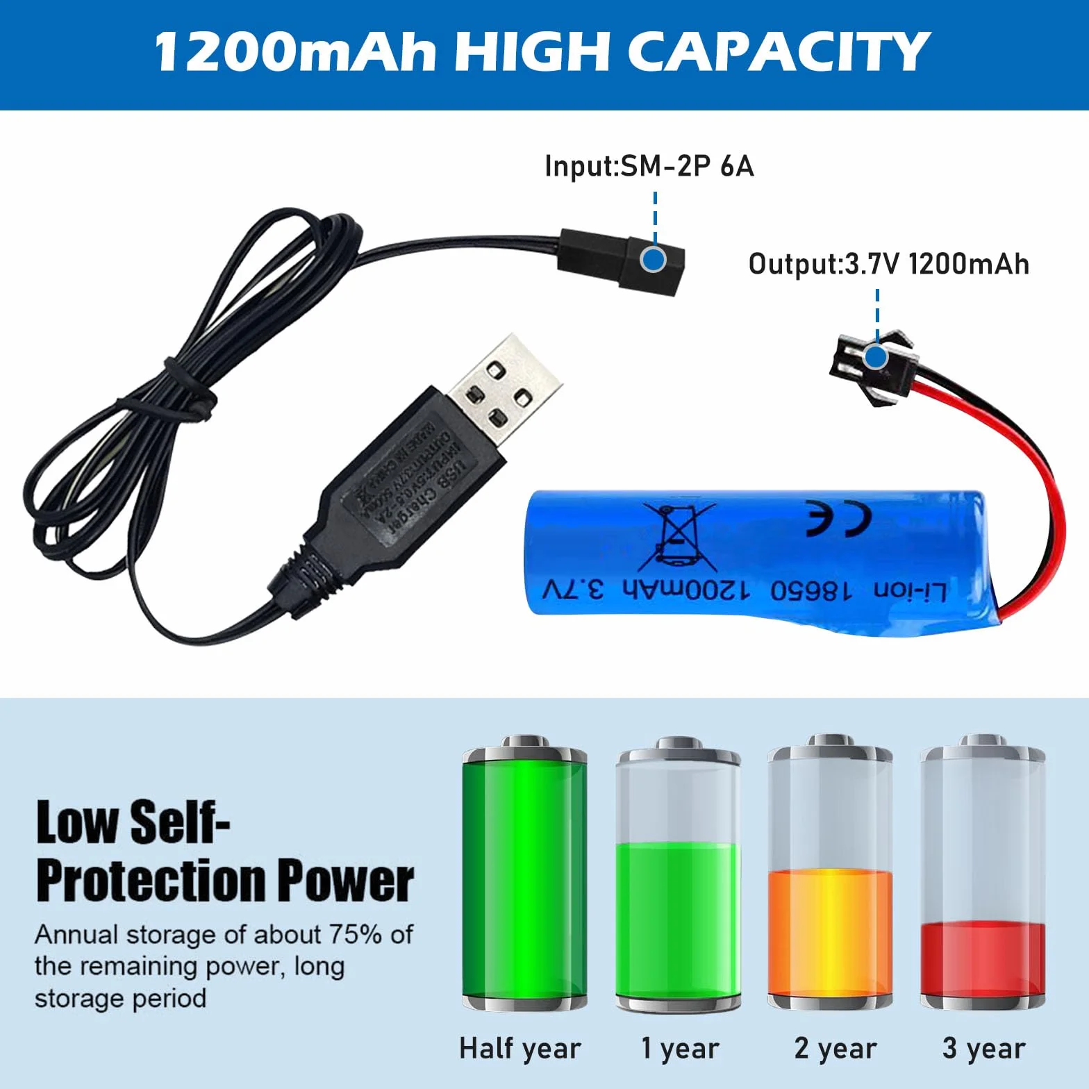 Vegena Zestaw 6 3,7 v 1200 mah Bateria litowa z USB SM-2P RC Ładowarka samochodowa RC High Speed do modeli samochodów, zestaw baterii o wysokiej wydajności RC
